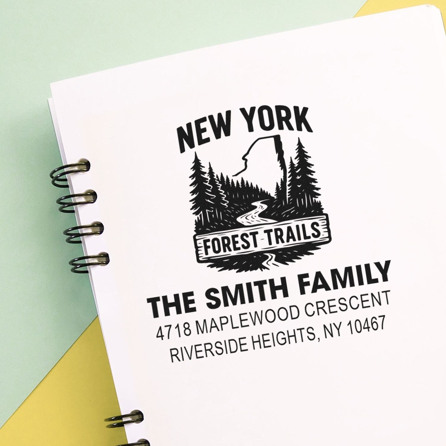 Custom New York family return address rubber stamp with forest trail design for personalized stationery