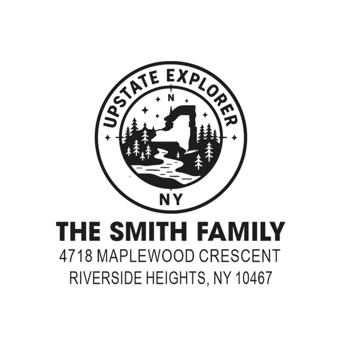 Custom return address rubber stamp for The Smith Family, Riverside Heights, NY 10467, with Upstate Explorer NY logo.