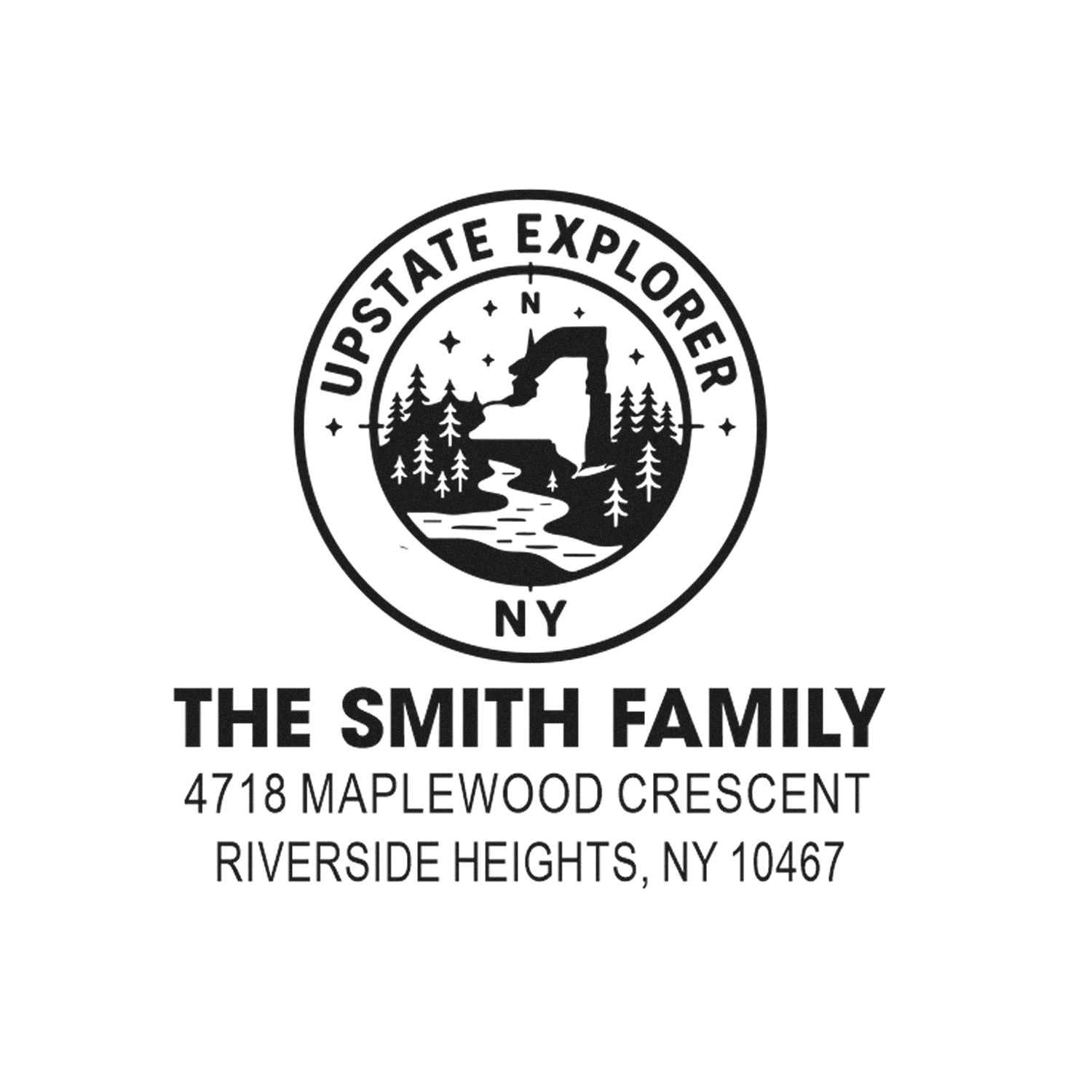 Personalized return address rubber stamp for The Smith Family, Riverside Heights, NY, with Upstate Explorer NY logo and custom address.