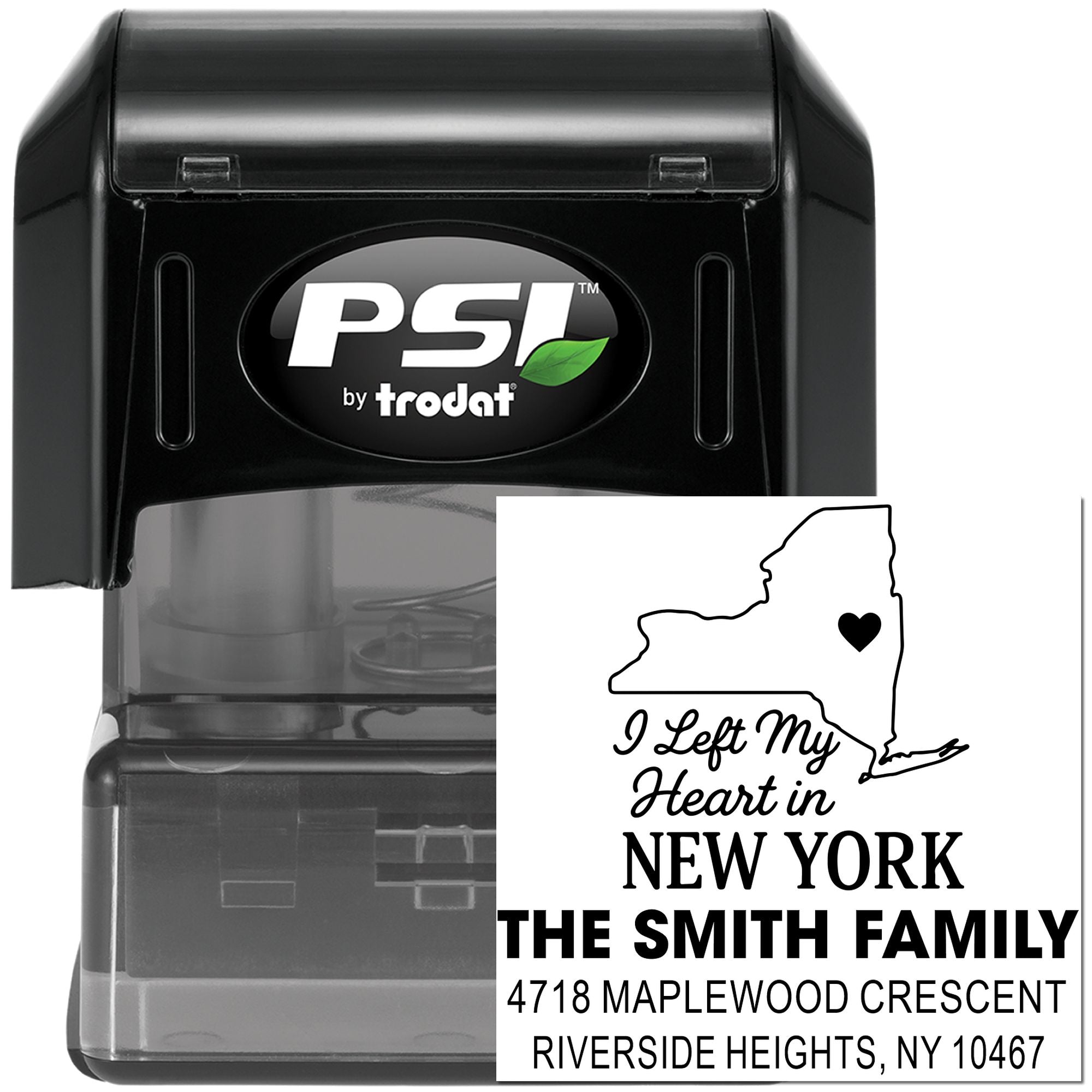 PSI by Trodat self-inking custom return address rubber stamp showing a New York family address imprint.