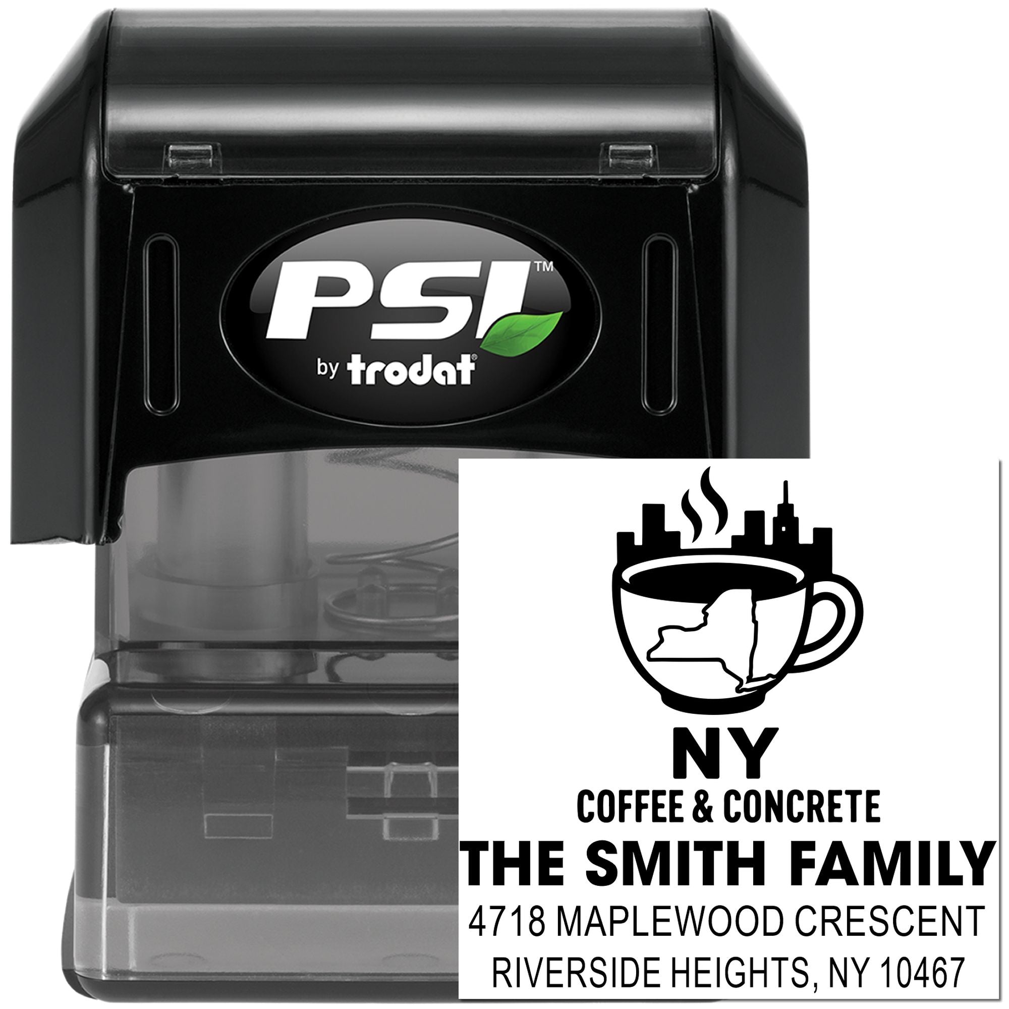 PSI by Trodat self-inking rubber stamp with custom New York address and family name design for personalized mailing.
