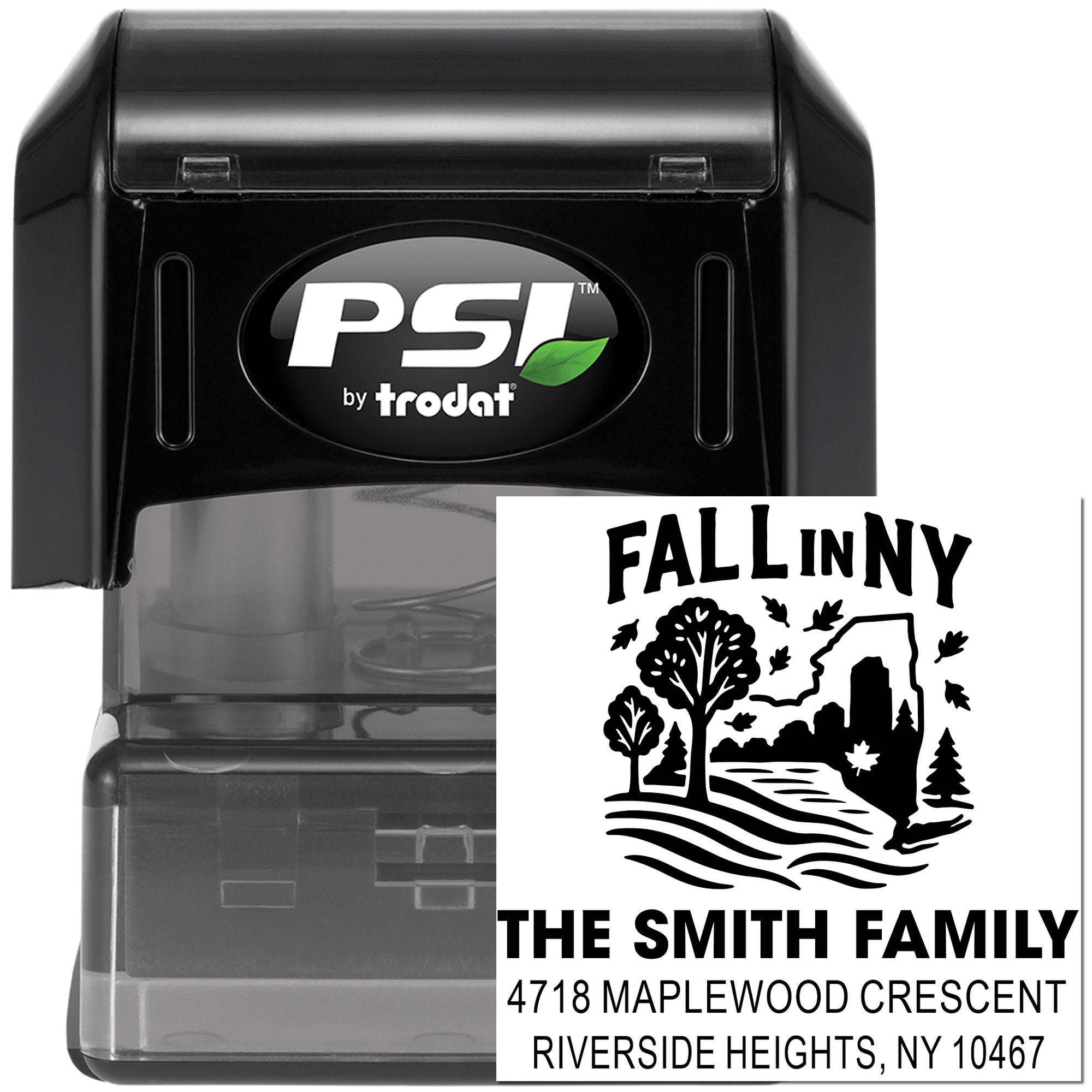 PSI by Trodat self-inking custom address rubber stamp with fall family design for seasonal mail and envelopes.