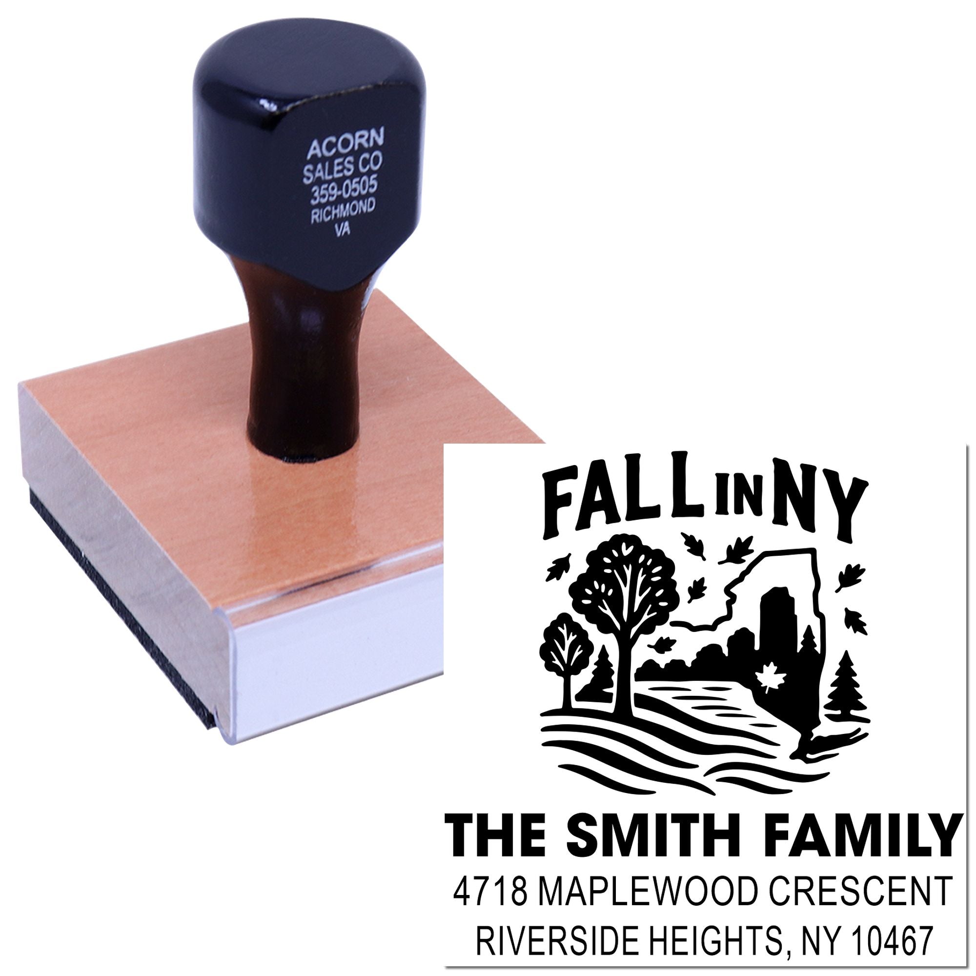 Custom rubber stamp for a family return address, featuring a Fall in NY design and The Smith Family imprint.