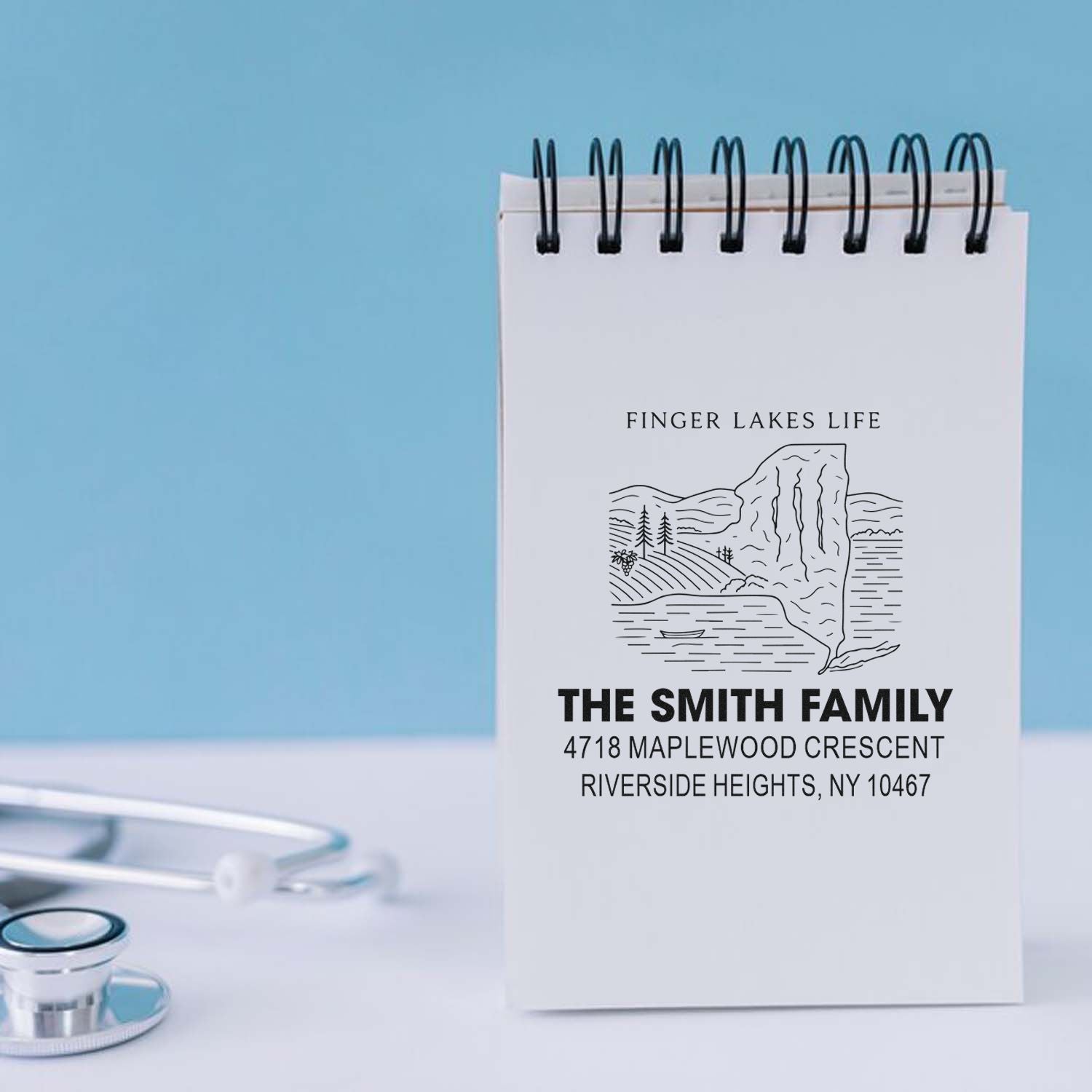 Personalized return address rubber stamp with Finger Lakes Life design for The Smith Family, Riverside Heights, NY.