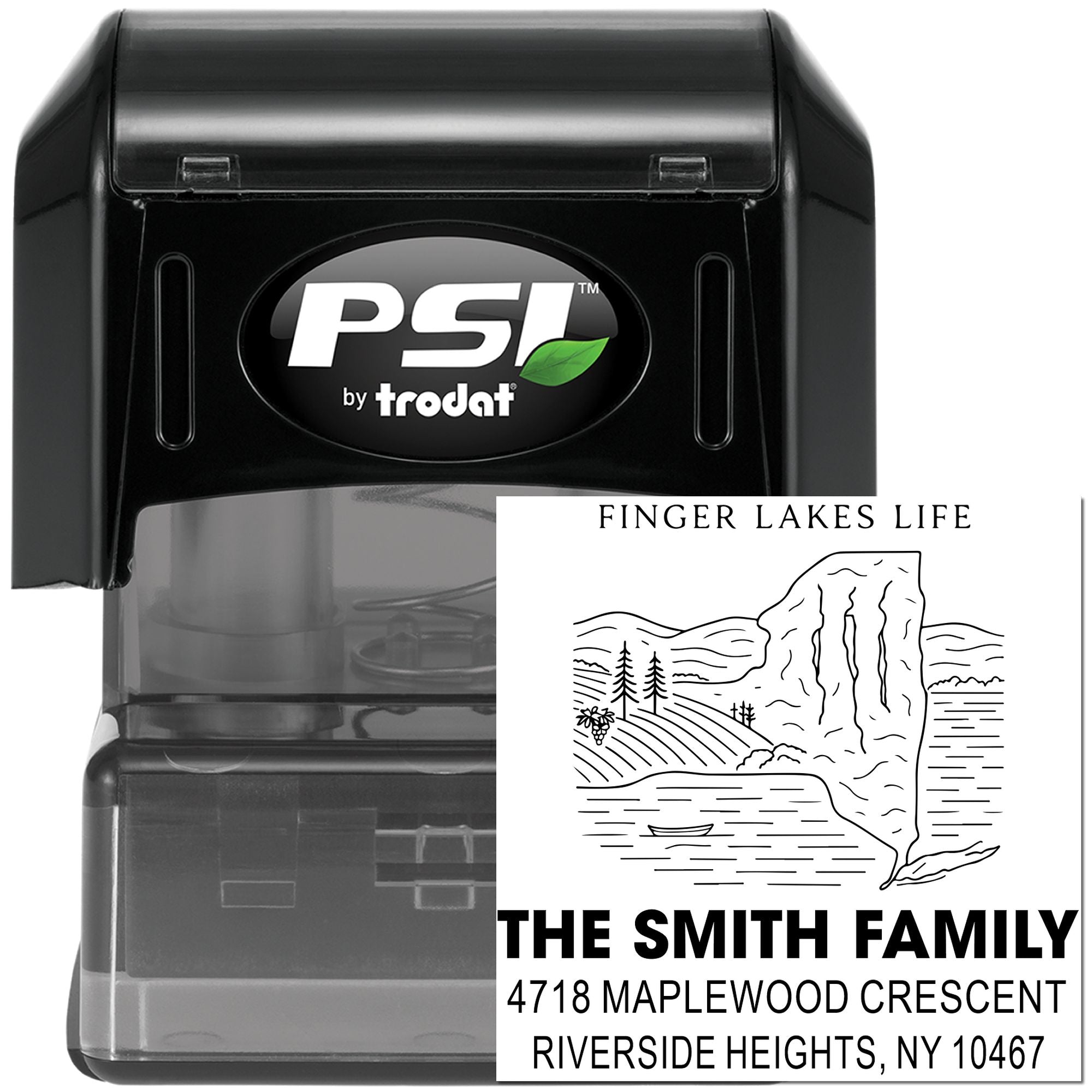 Custom self-inking address rubber stamp by PSI Trodat with Finger Lakes Life landscape design for The Smith Family.