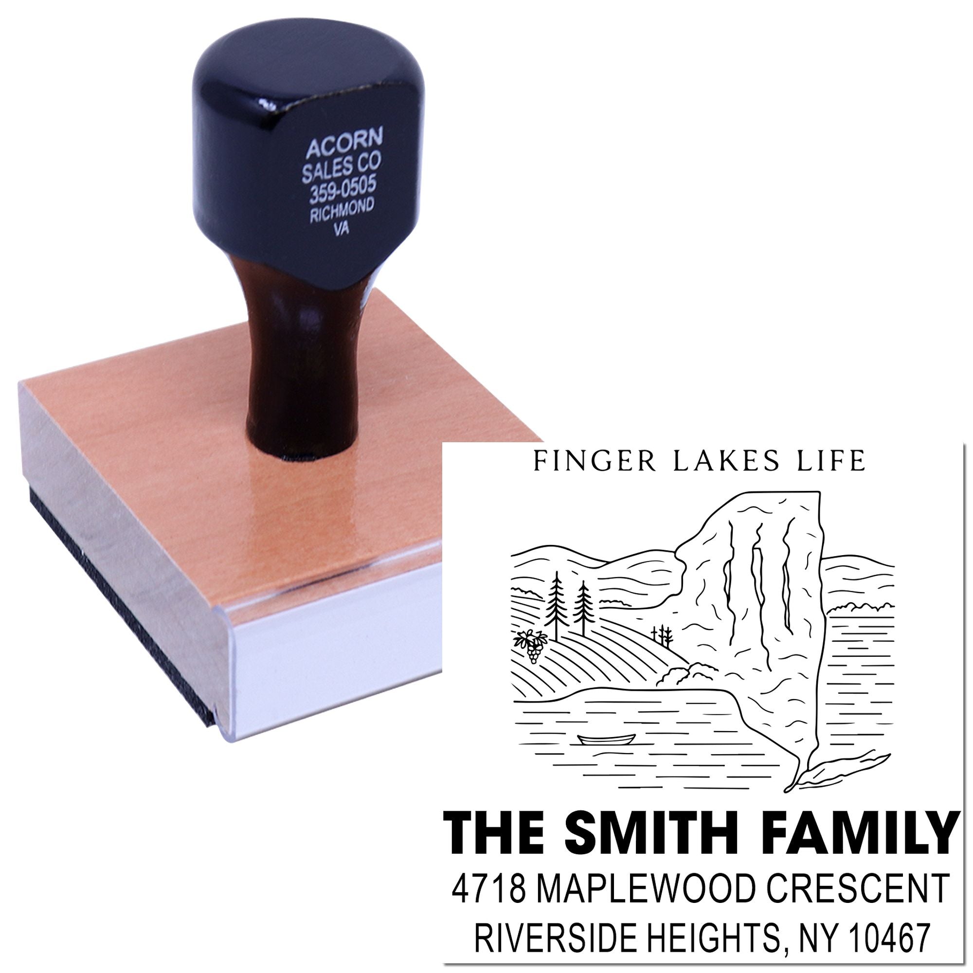 Custom address rubber stamp with Finger Lakes Life logo and family return address, shown with sample imprint for mailing use.