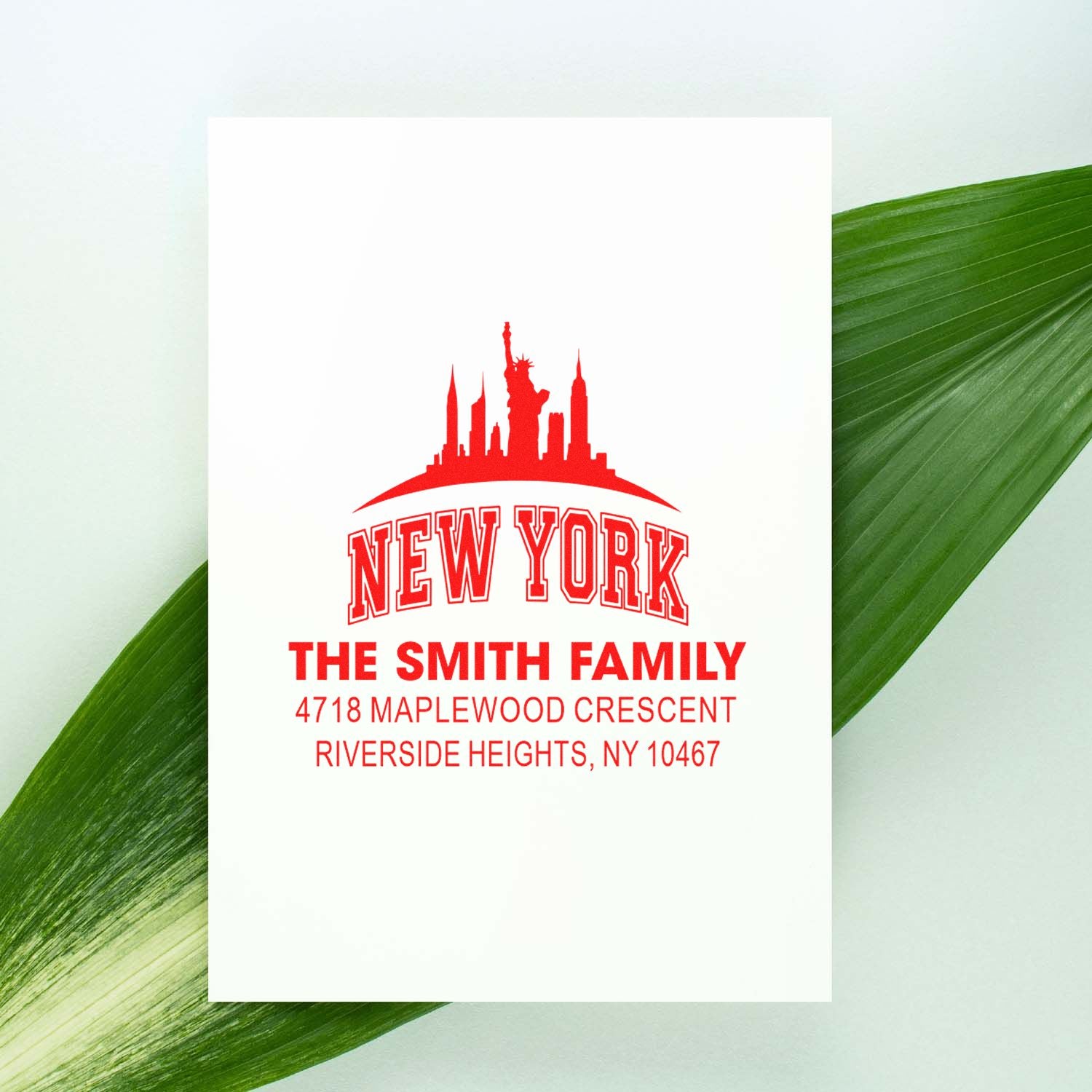 Custom New York family address rubber stamp impression with skyline, Smith family name, and Riverside Heights, NY 10467