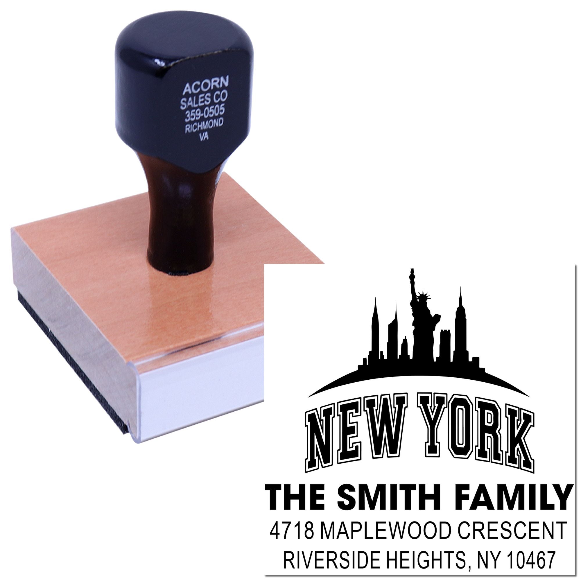 Custom rubber stamp with New York skyline return address design for personalized family mailing.