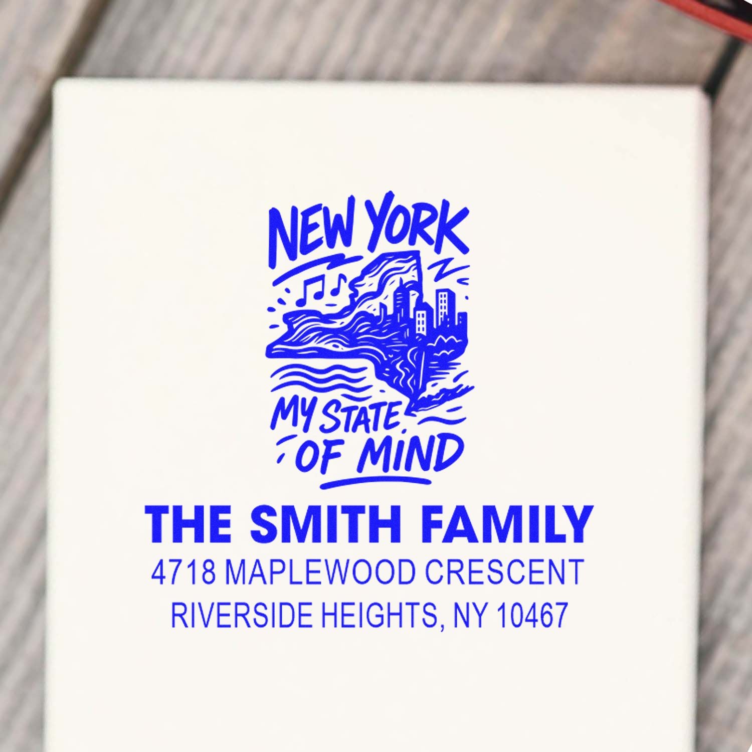 Custom New York address rubber stamp for The Smith Family with My State of Mind return address design.