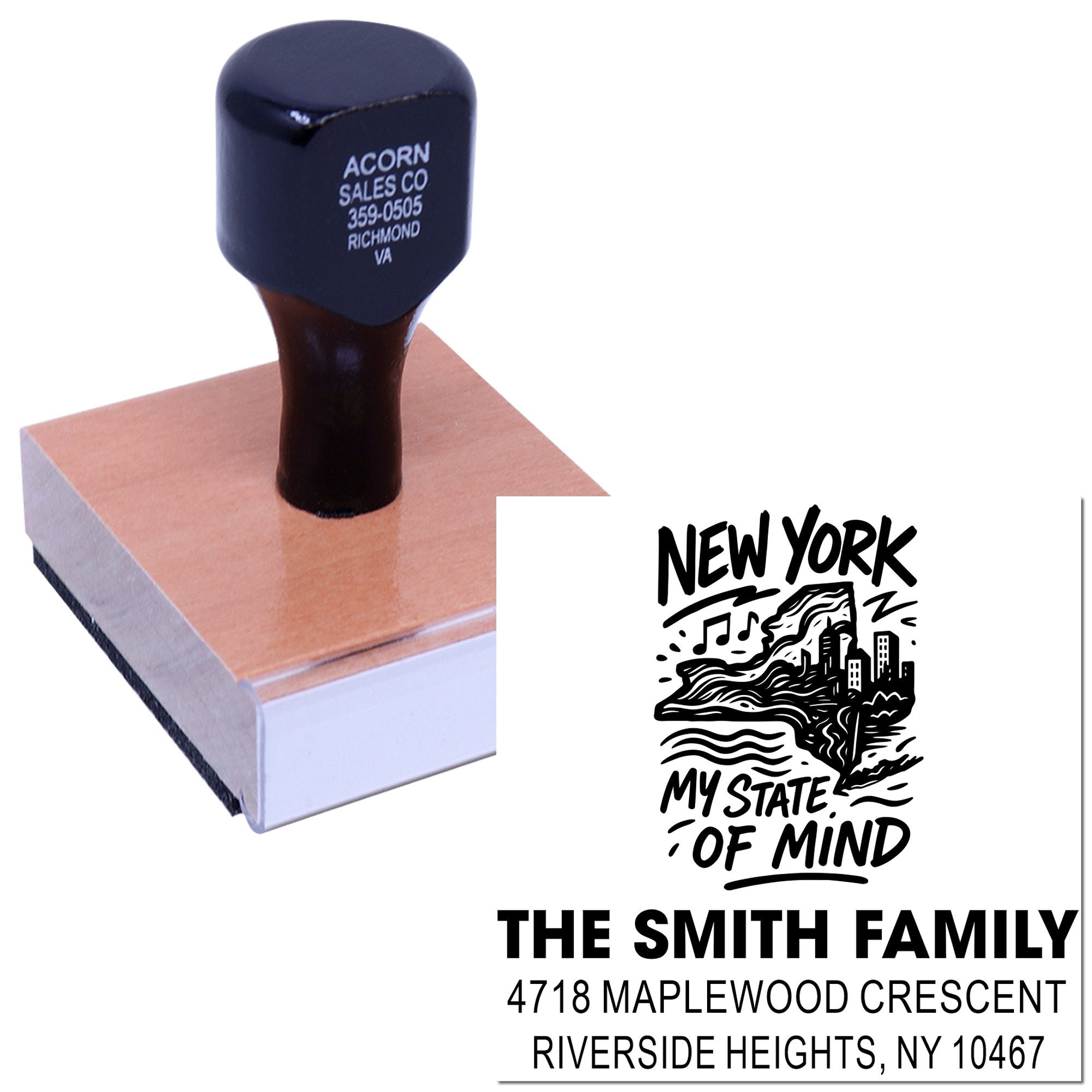Custom rubber stamp with New York My State of Mind design and family address imprint for personalized mailing.