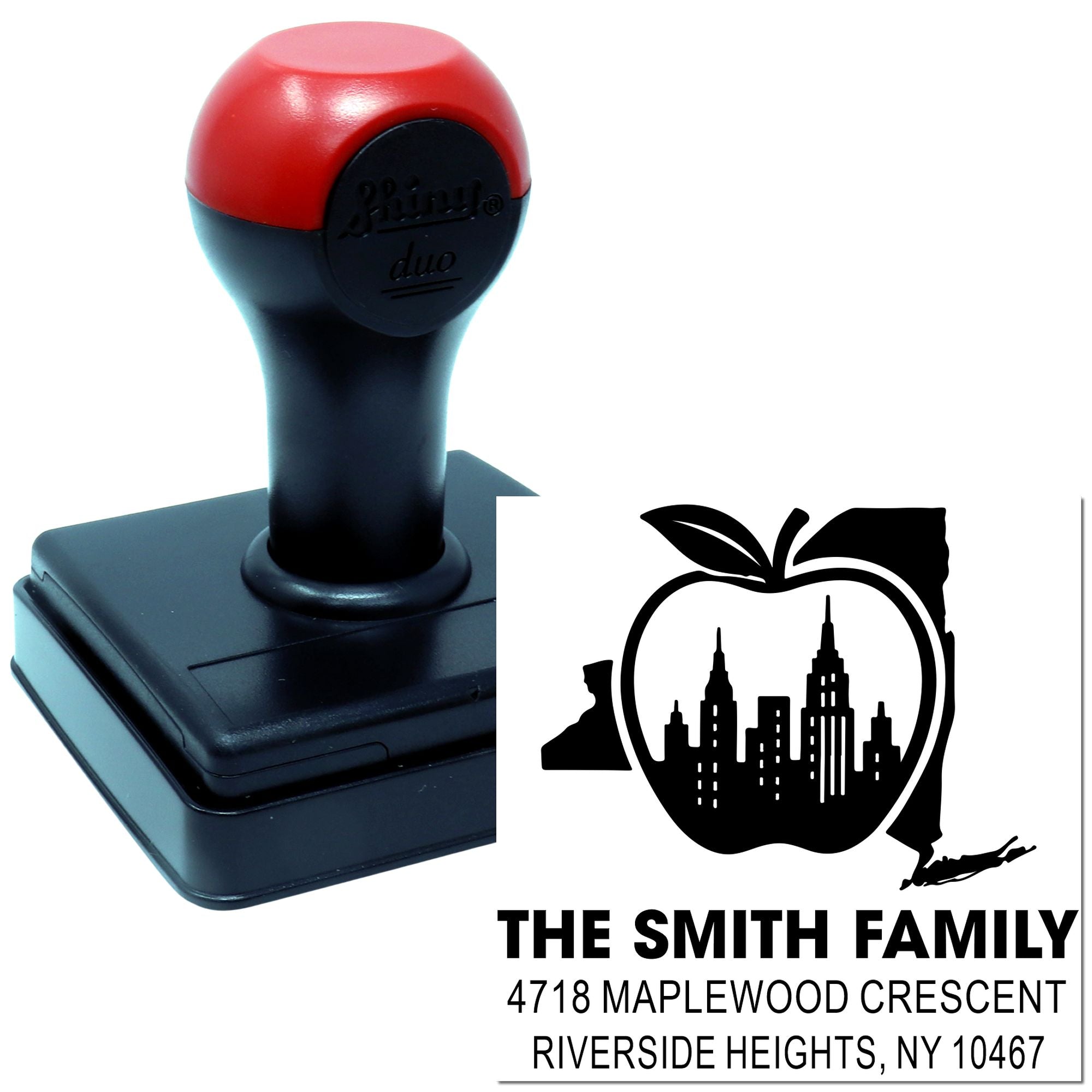 Custom self-inking rubber address stamp with apple skyline design for Smith family return mailing labels.