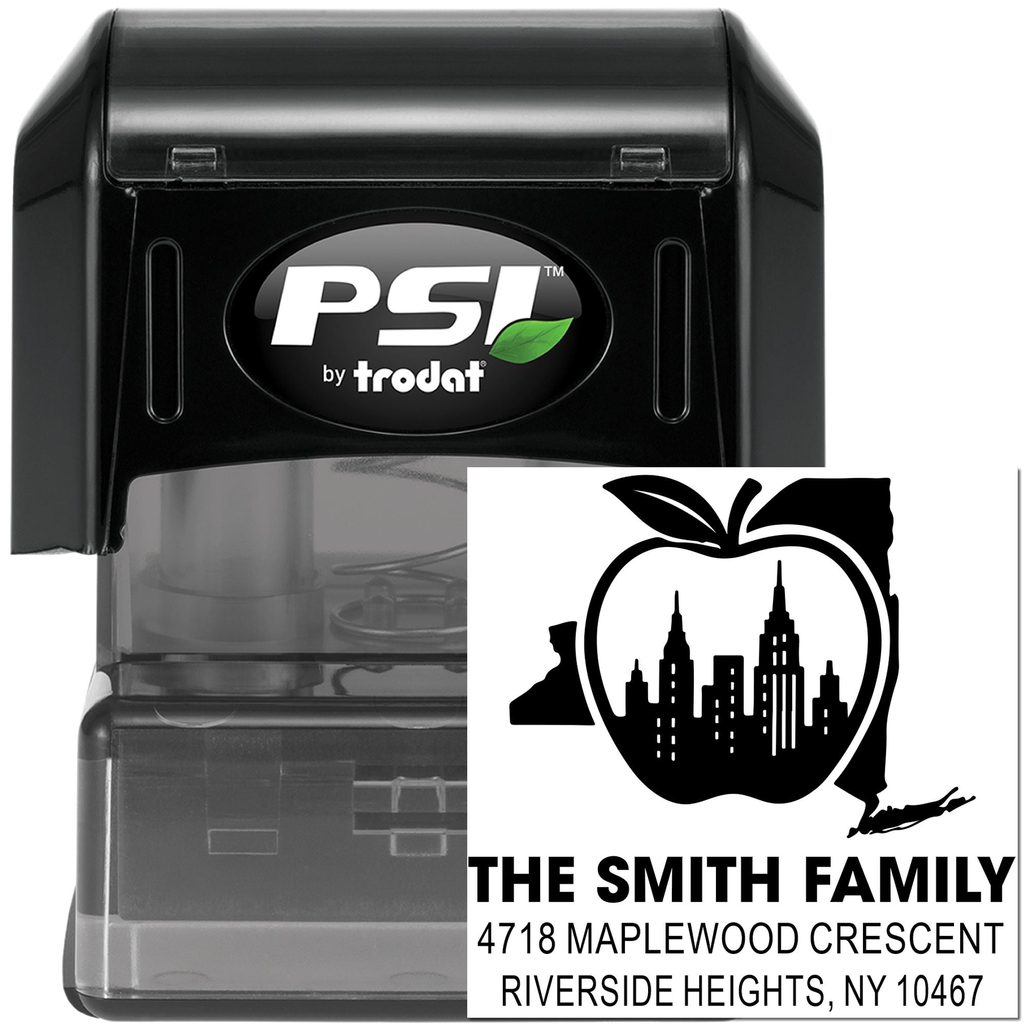 Custom self-inking address stamp by PSI by Trodat, featuring a family name, return address, and skyline apple design.