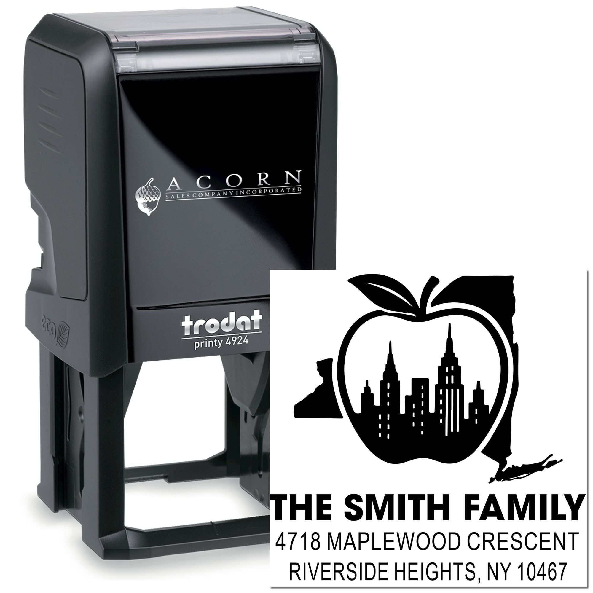Custom self-inking rubber address stamp with apple skyline design for The Smith Family, Riverside Heights, NY.