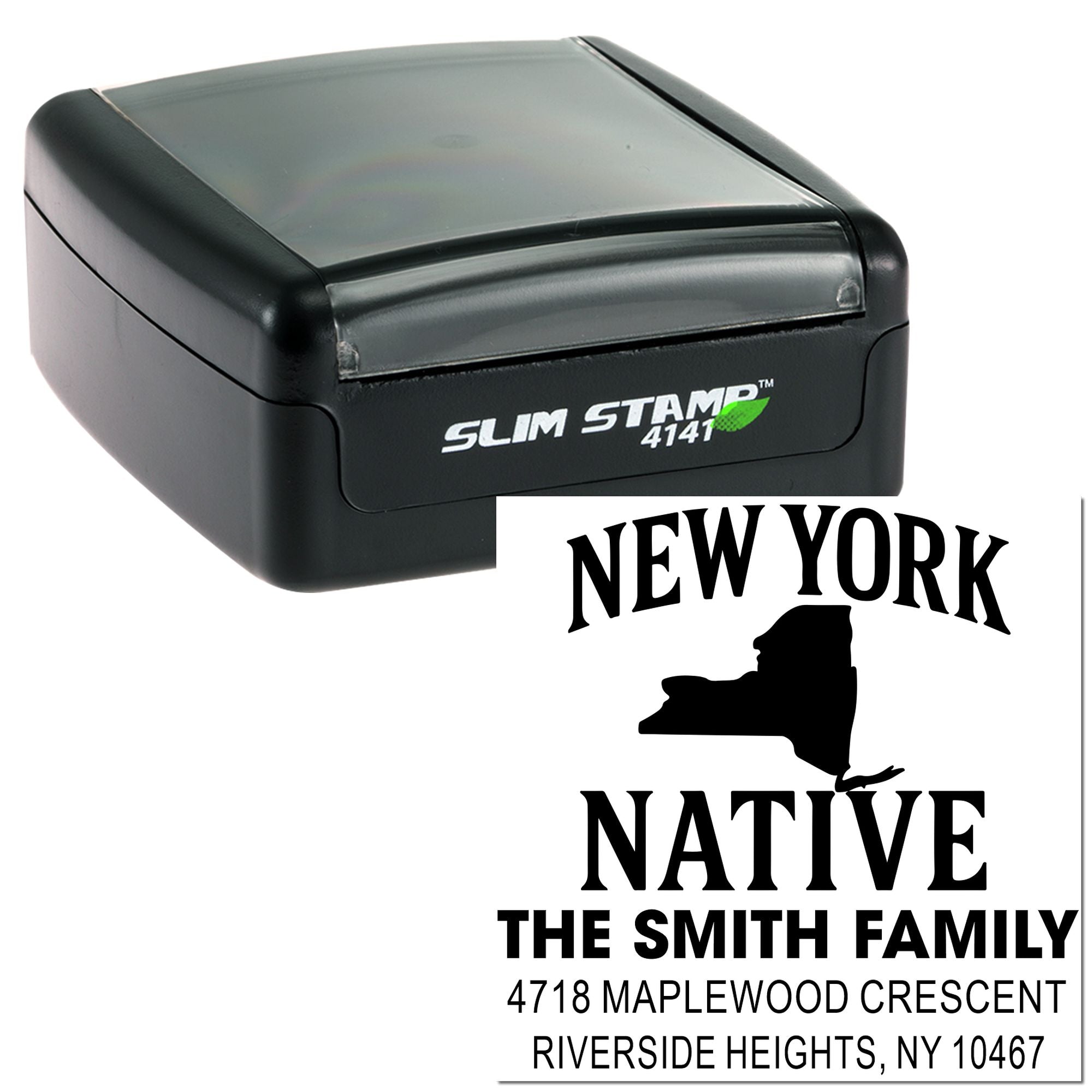 Custom slim self-inking address rubber stamp with New York Native family return address design and state silhouette.