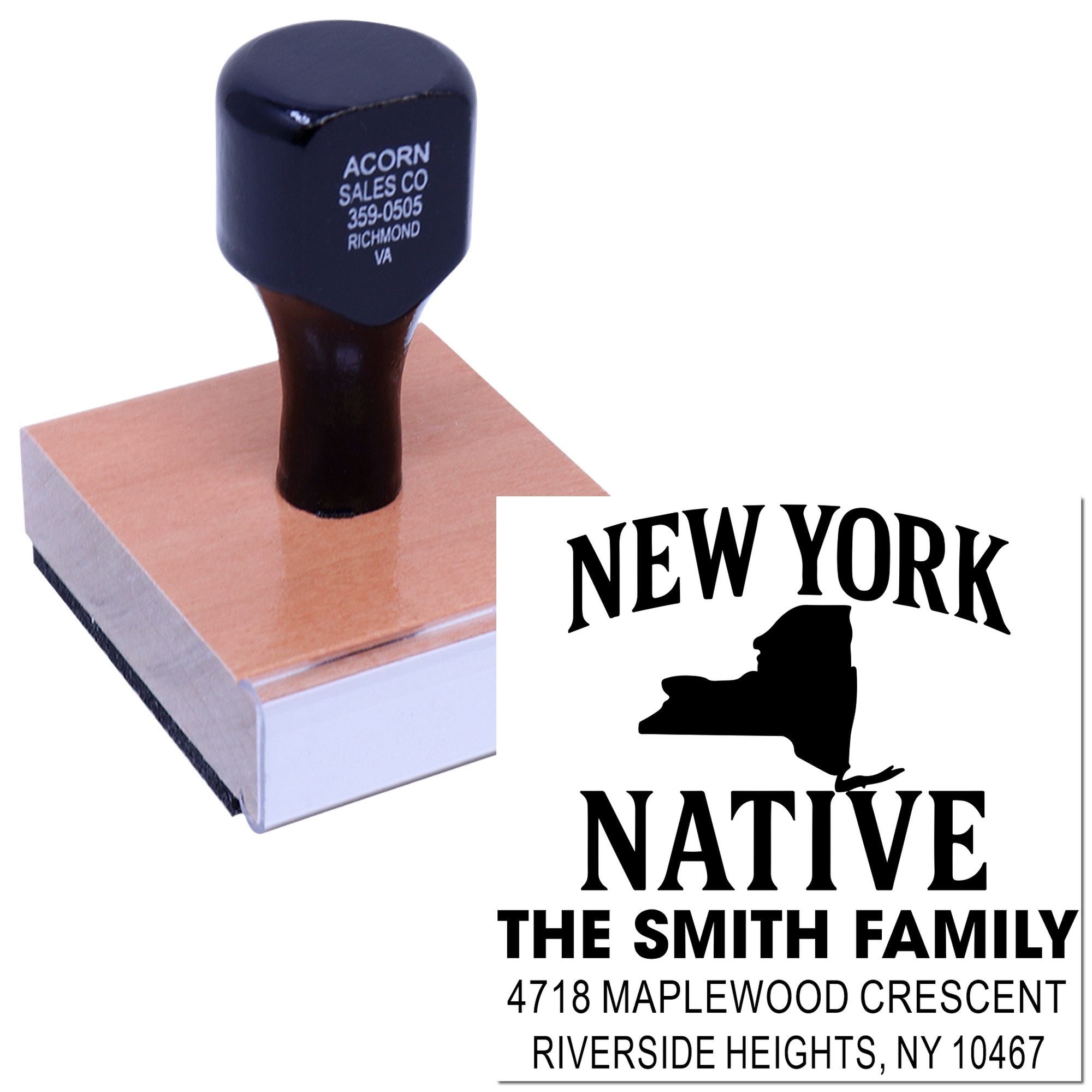 Custom New York Native rubber stamp with family name and address for personalized mailing and return address use.