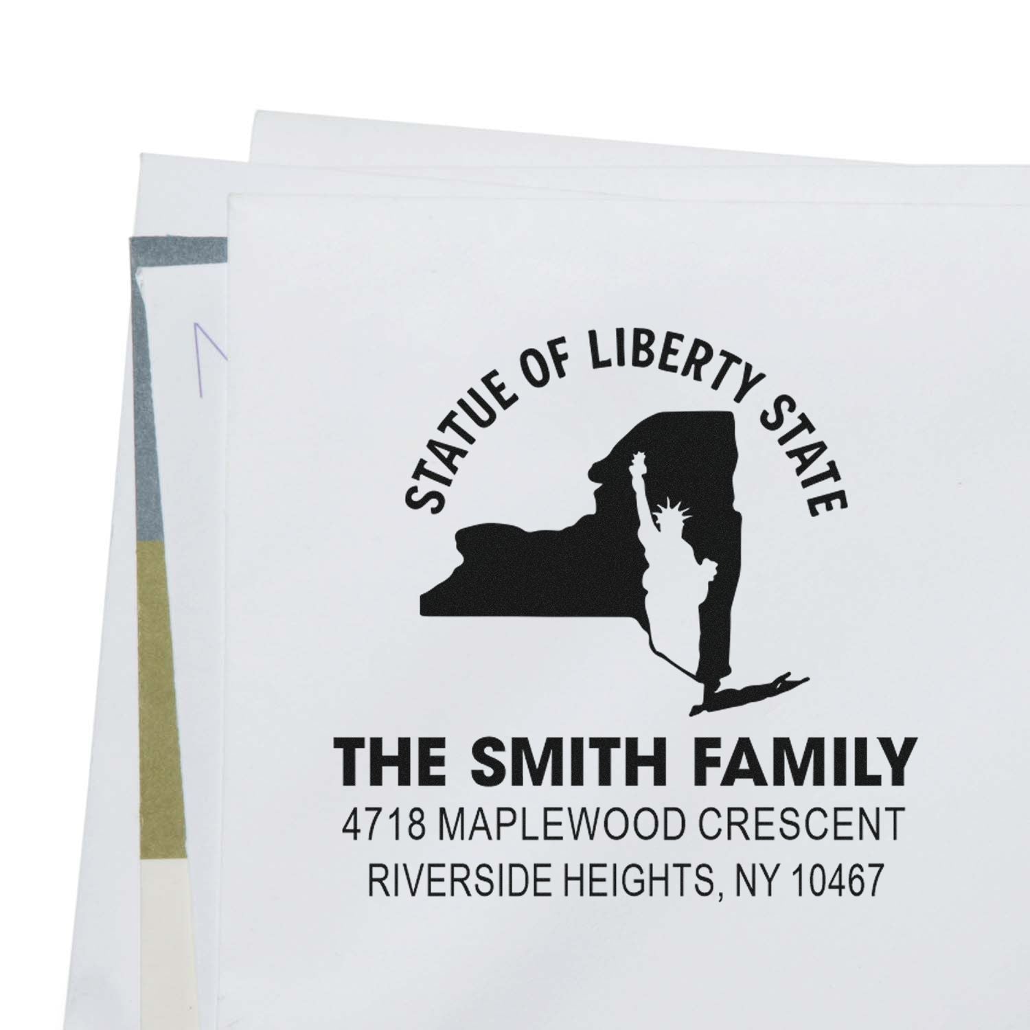 Custom return address rubber stamp with Statue of Liberty design for The Smith Family, New York address stamp.