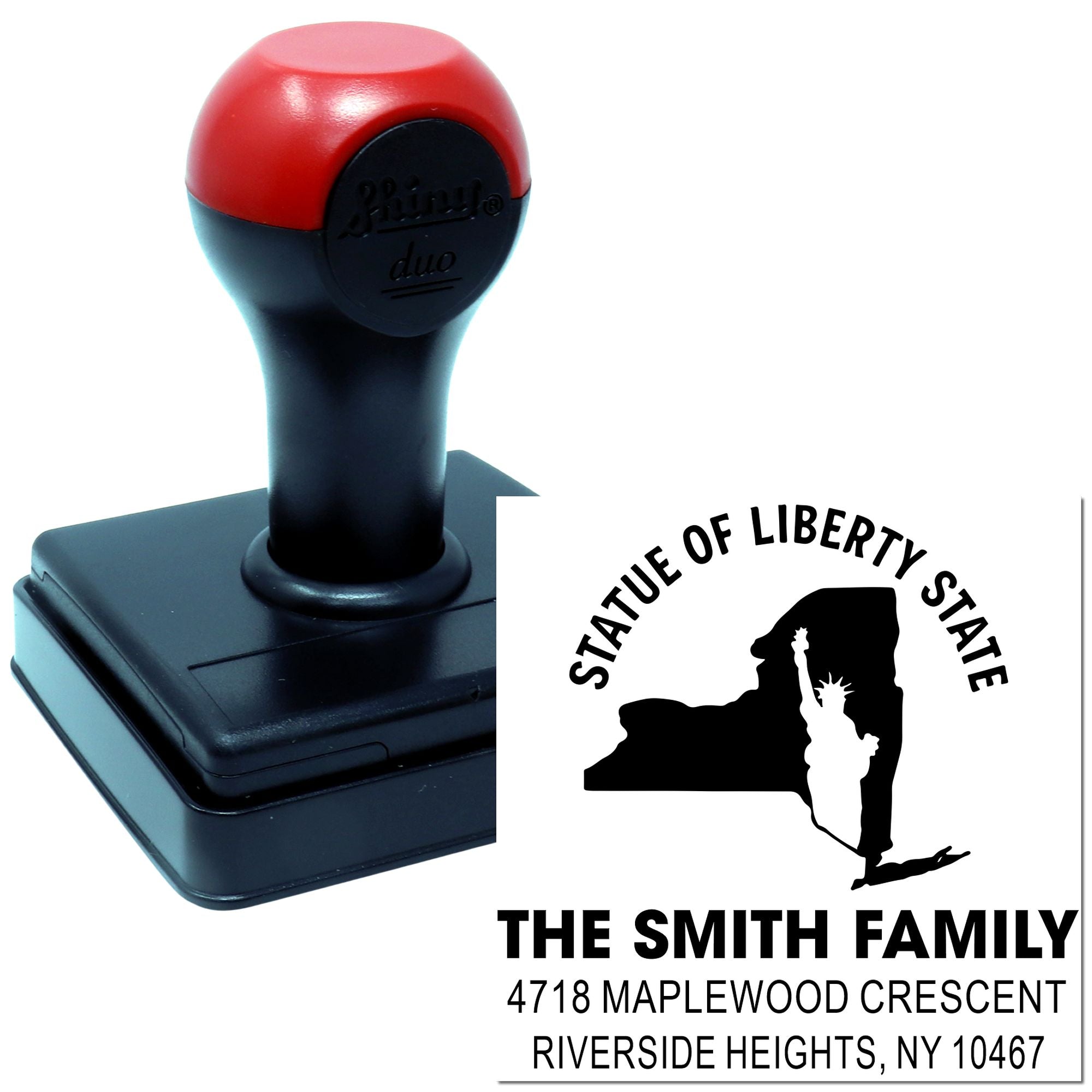Custom self-inking rubber stamp with New York state design, Statue of Liberty silhouette, family name, and address imprint.