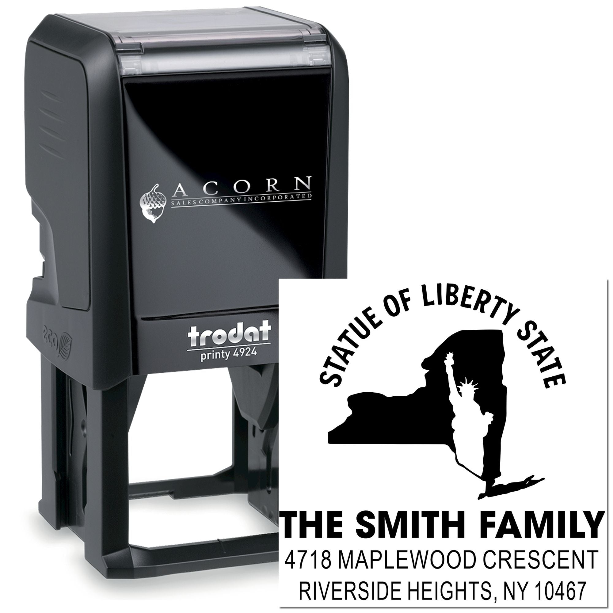Trodat Printy 4924 custom self-inking rubber stamp for New York address labels with Statue of Liberty state design.