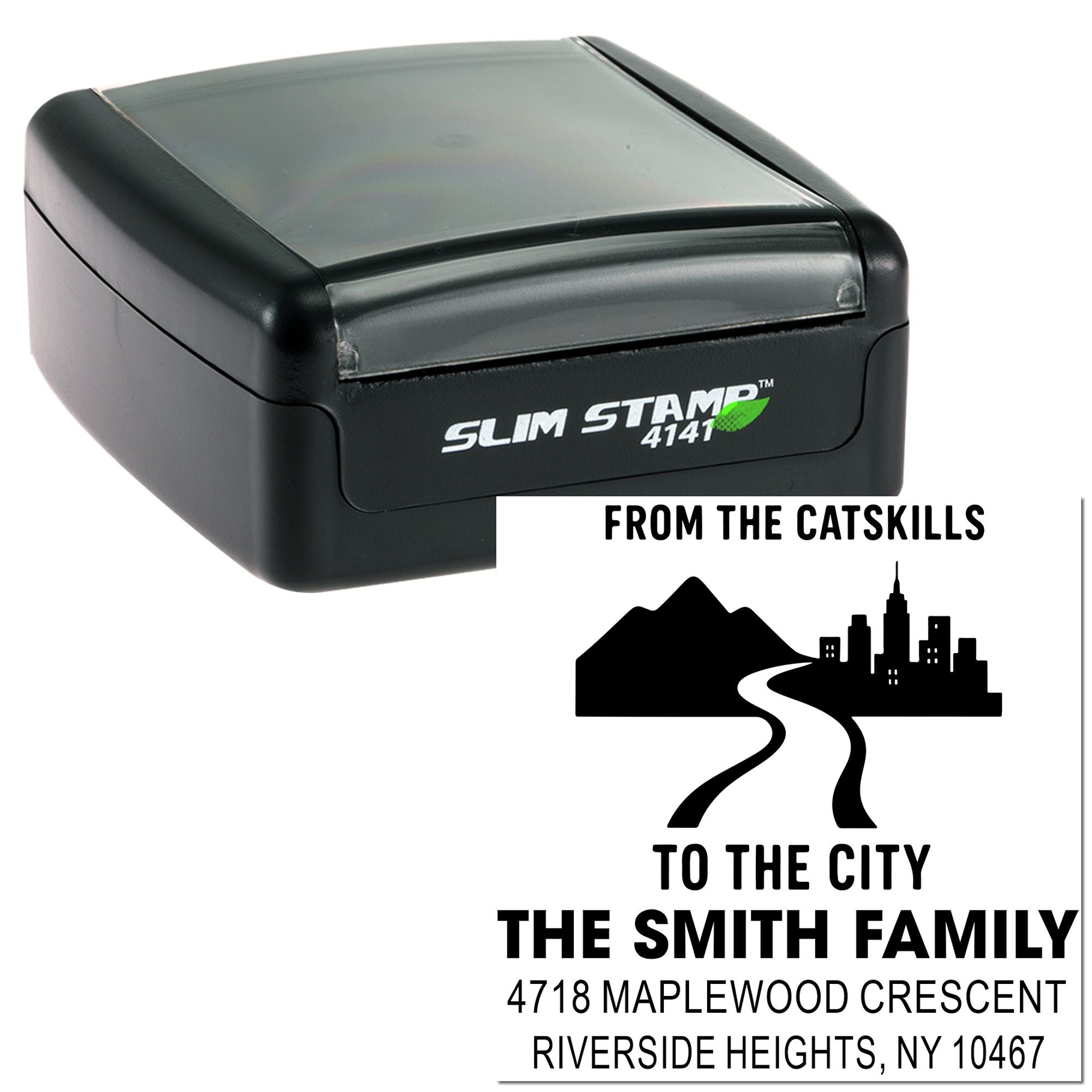 Slim self-inking rubber stamp with custom return address design featuring city skyline, family name, and address sample.