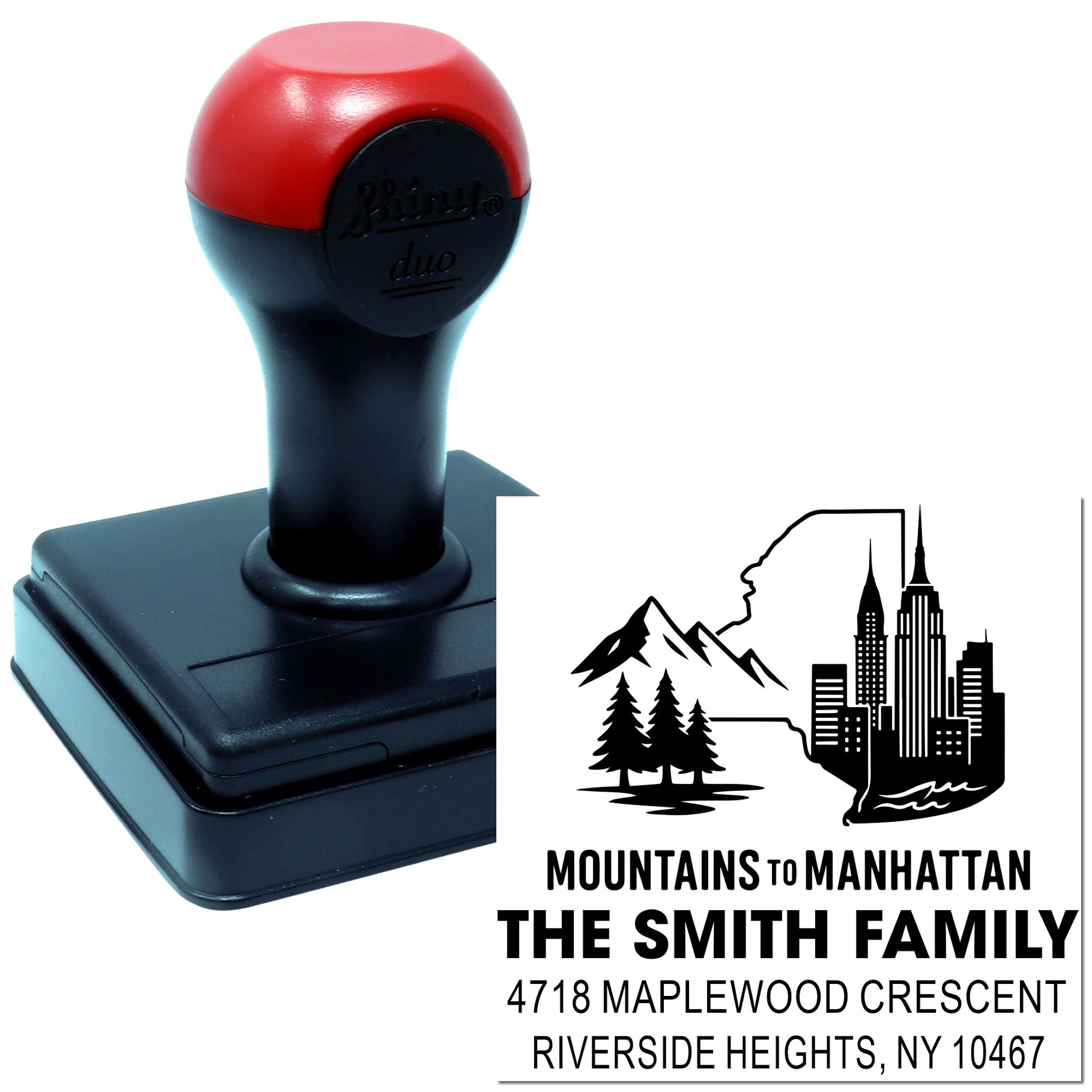 Personalized self-inking rubber stamp with family name, address, and city skyline logo for custom return address stamping.