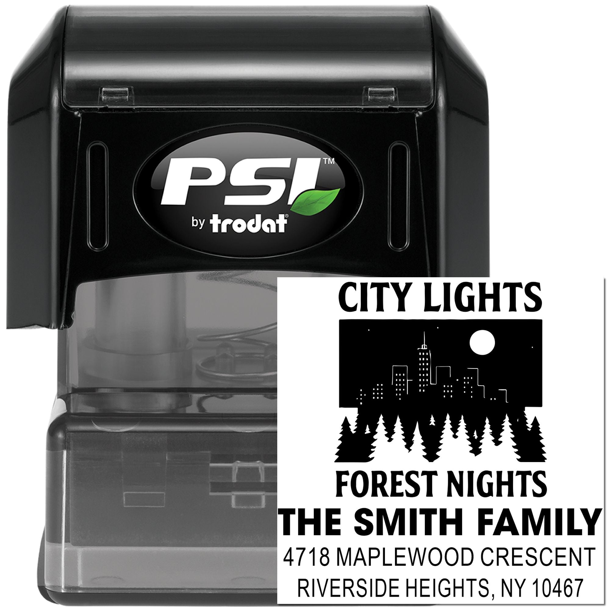 Custom self-inking return address rubber stamp with city lights forest nights design for The Smith Family, PSI by Trodat