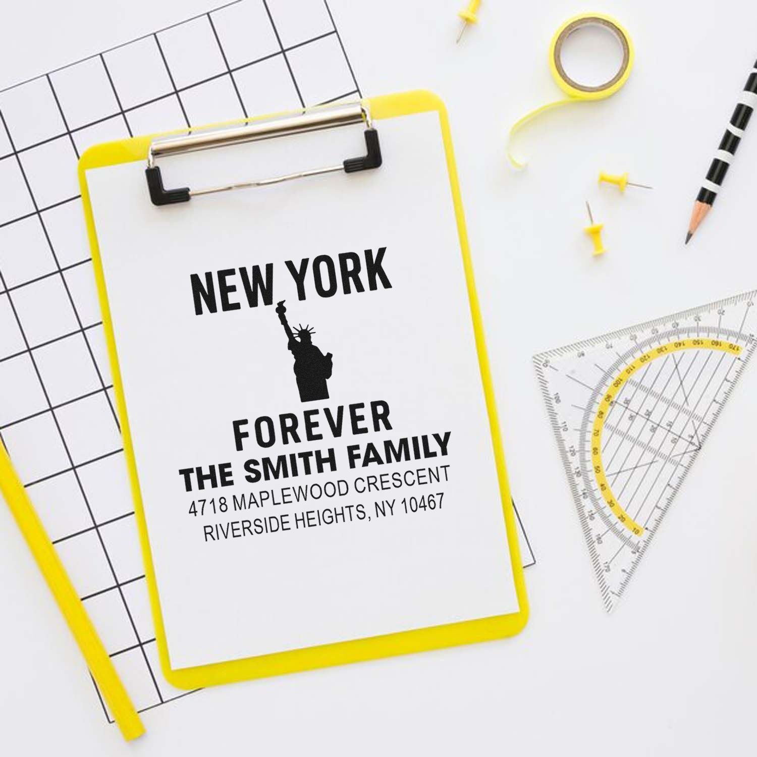 Personalized New York return address rubber stamp design for the Smith family with Statue of Liberty icon.