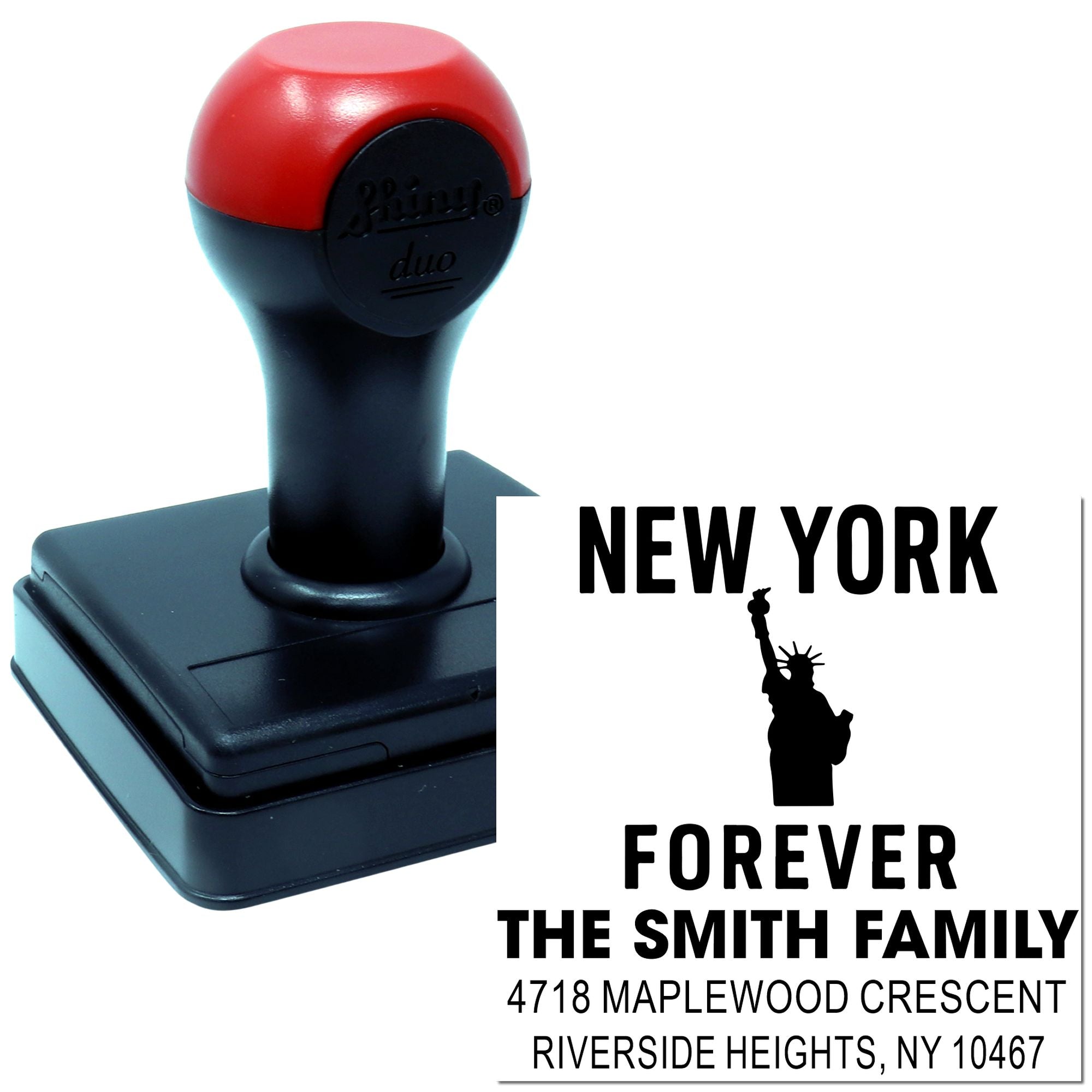 Self-inking New York family address rubber stamp with Statue of Liberty design for custom return addresses.