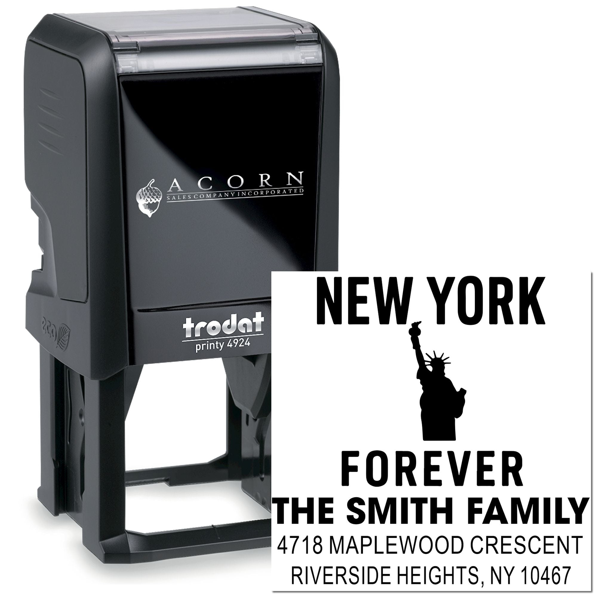 Custom self-inking rubber stamp with New York Forever family address design for personalized return addresses