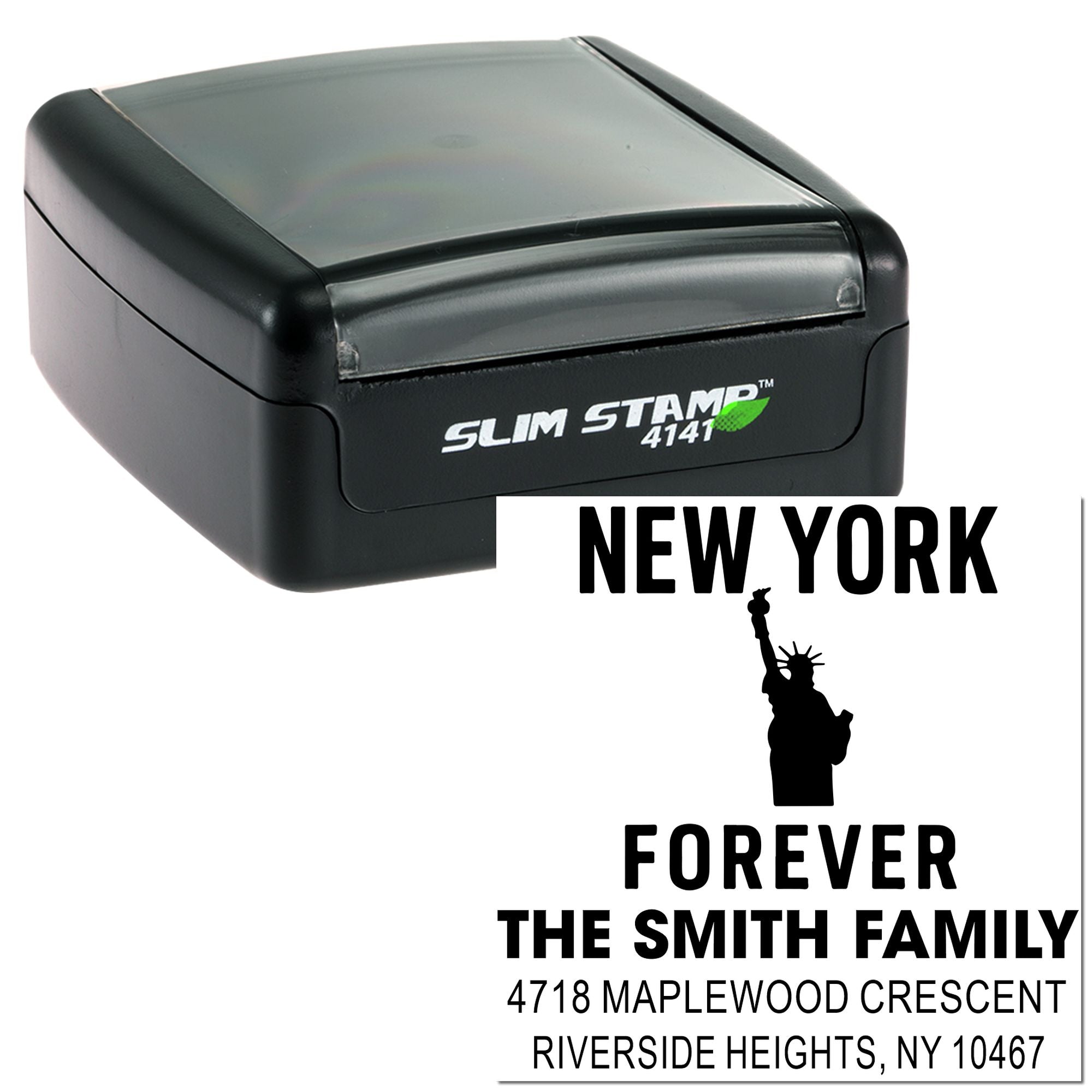 Custom New York address rubber stamp with Statue of Liberty design for personalized family mailings.