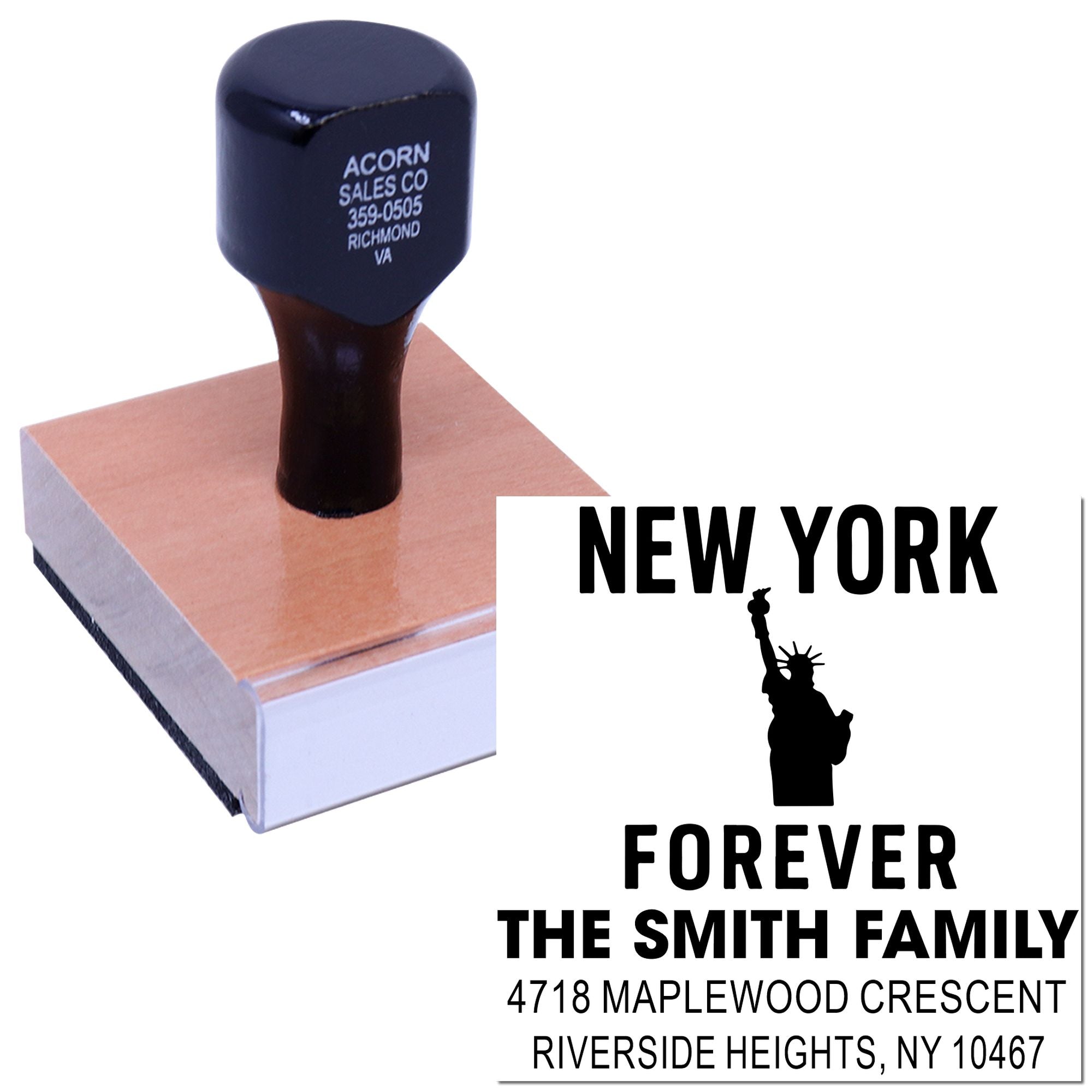 Custom New York Forever rubber address stamp with Statue of Liberty design for family mailing envelopes