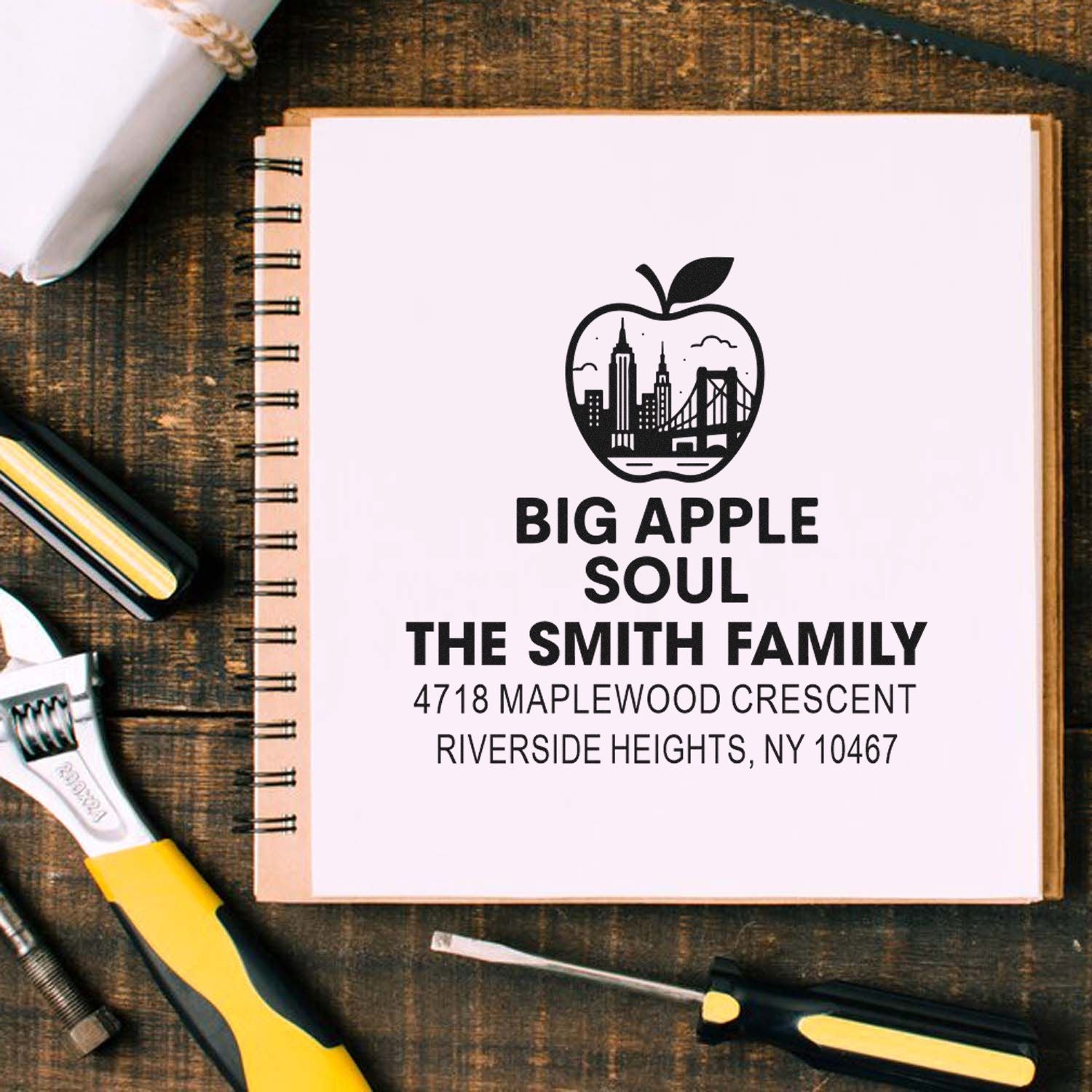 Personalized return address rubber stamp with NYC skyline apple design for The Smith Family, Riverside Heights, NY.