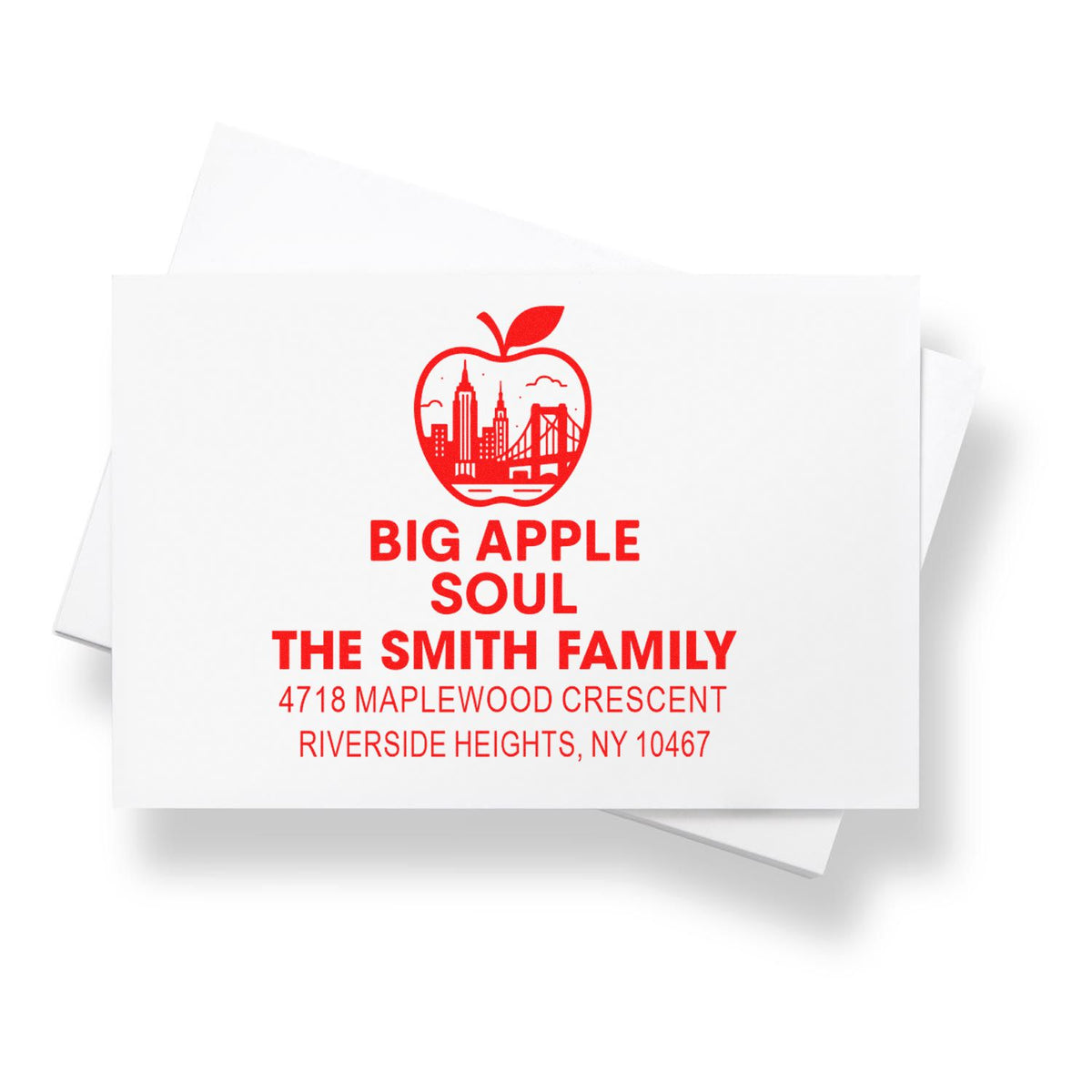 Custom New York family address rubber stamp with Big Apple Soul skyline apple logo and Smith family return address.