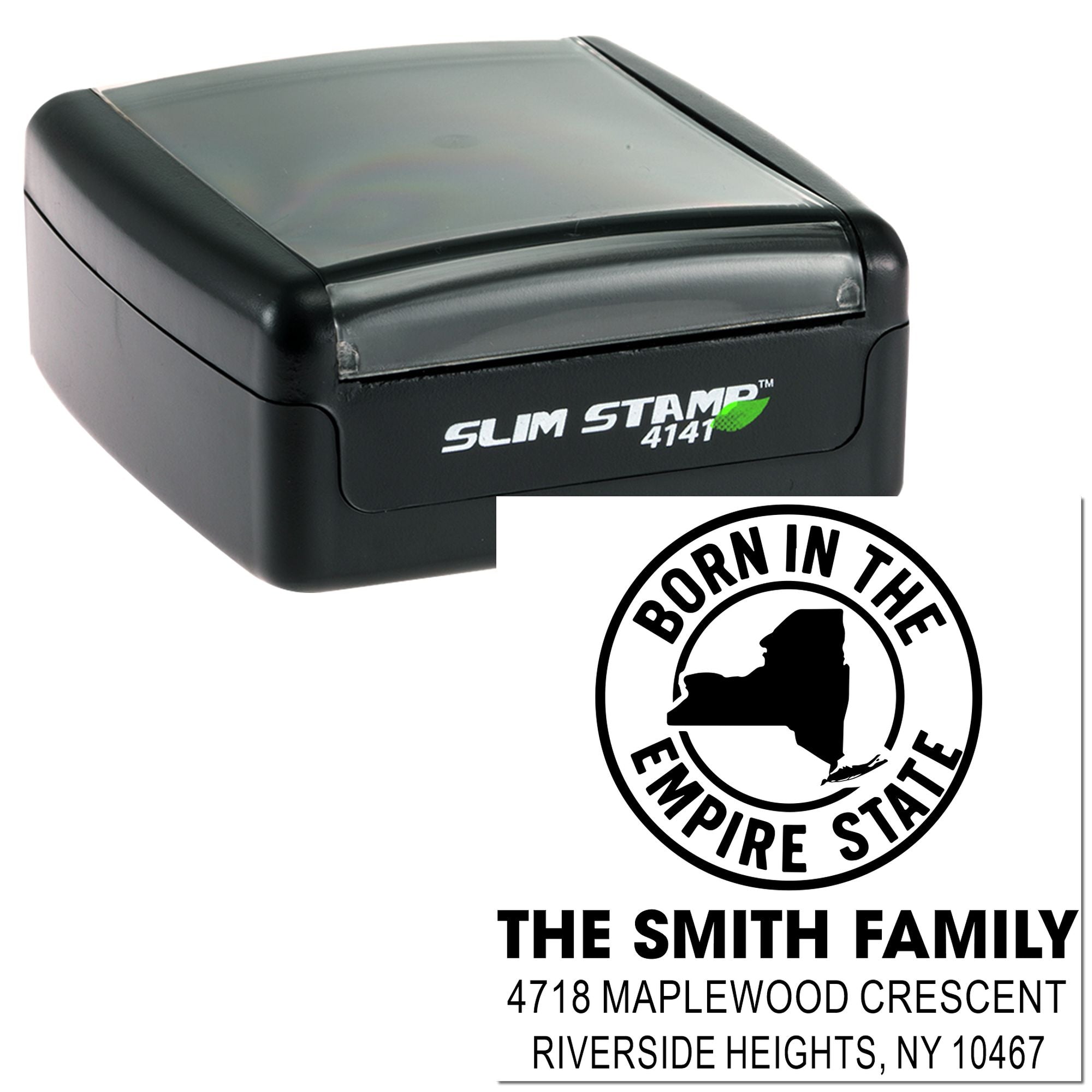 Custom self-inking rubber address stamp with New York family return address and Born in the Empire State design