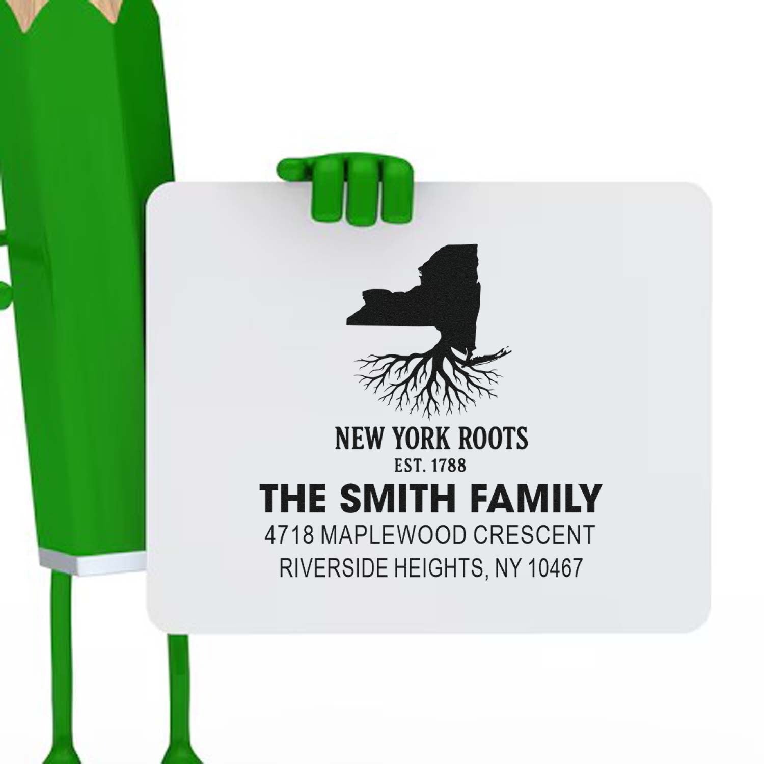 Custom New York Roots family address rubber stamp with state silhouette, tree roots, and personalized nameplate.