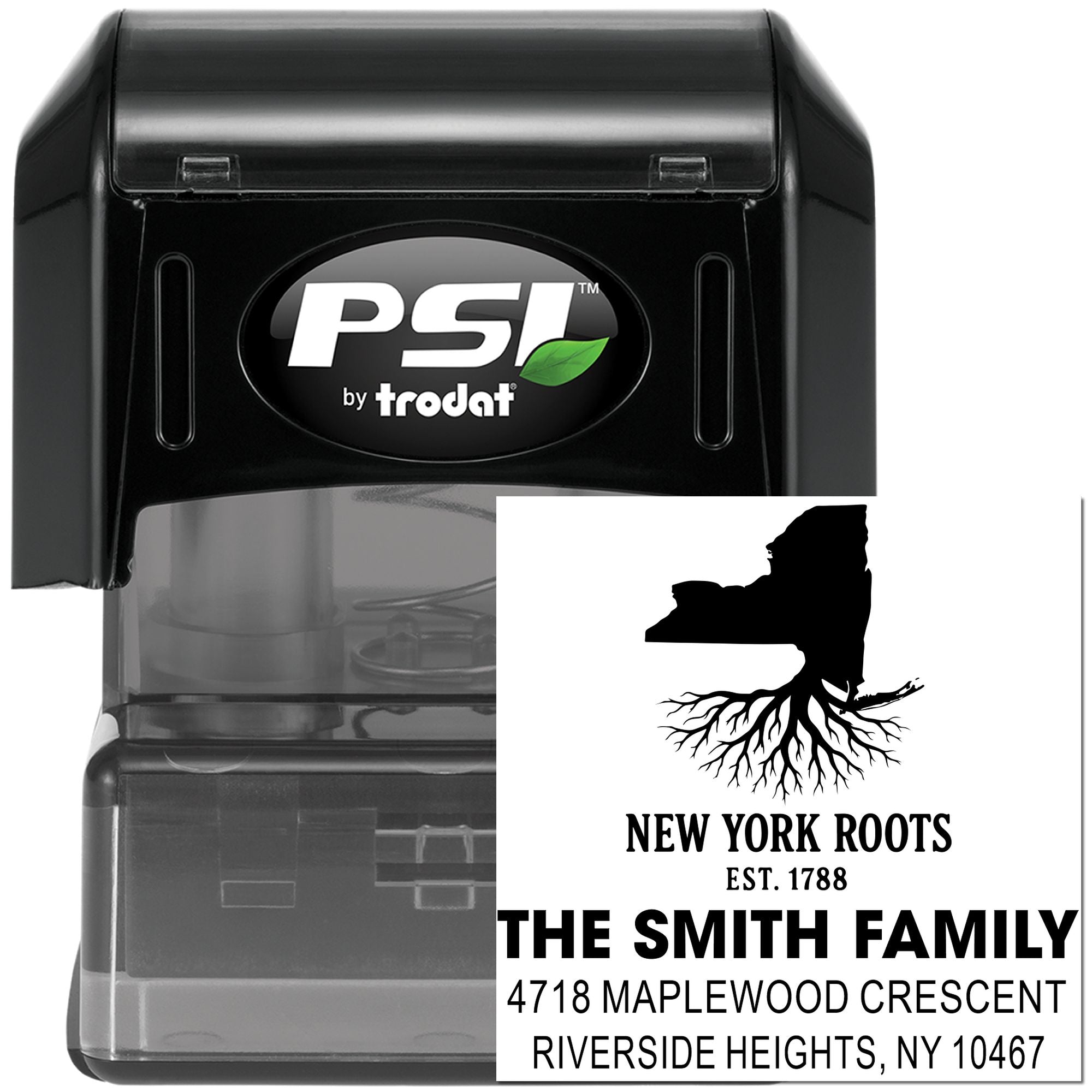PSI by Trodat self-inking rubber stamp with custom New York Roots family address design for personalized mailing.