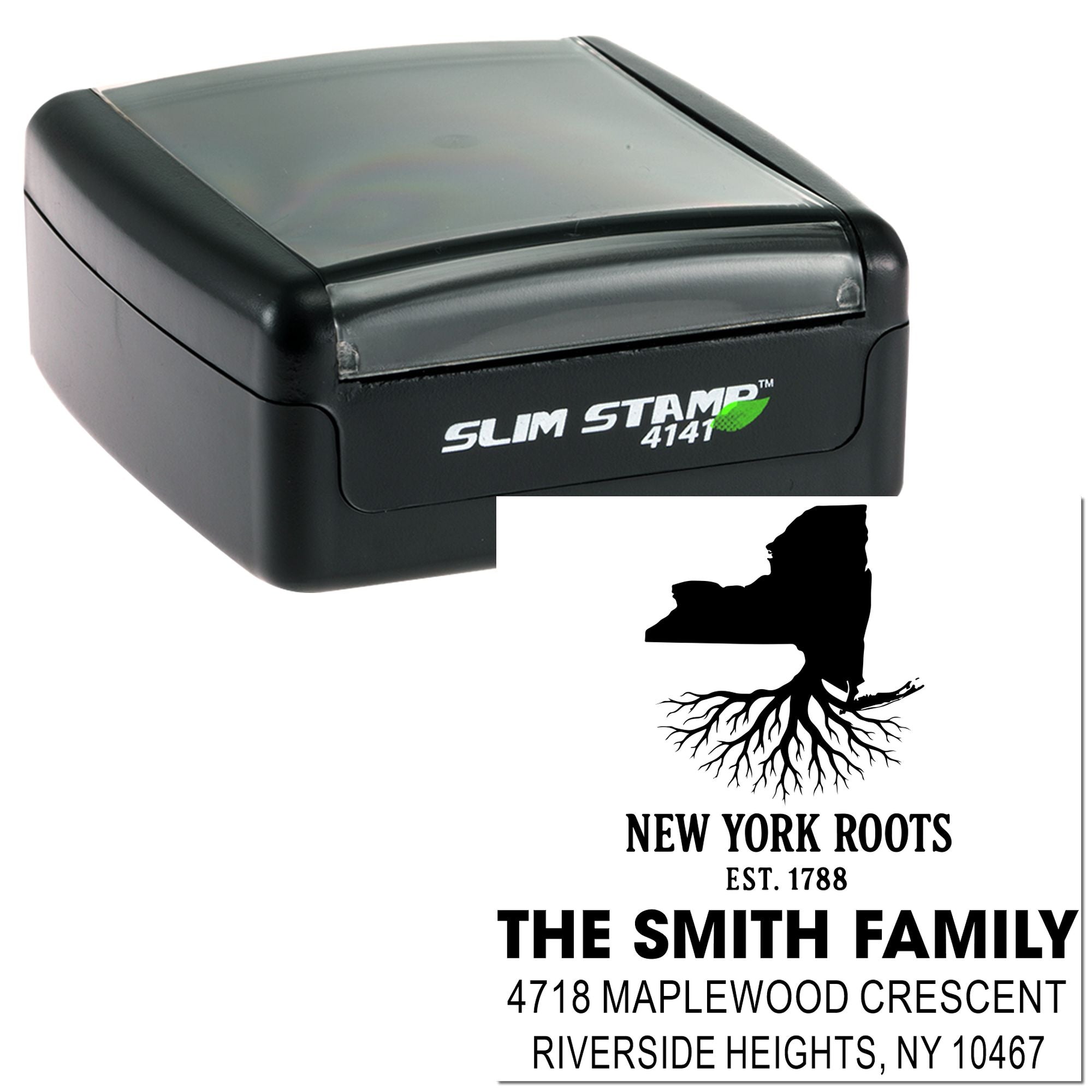 Self-inking rubber stamp with custom New York Roots family address design for personalized return address labels.