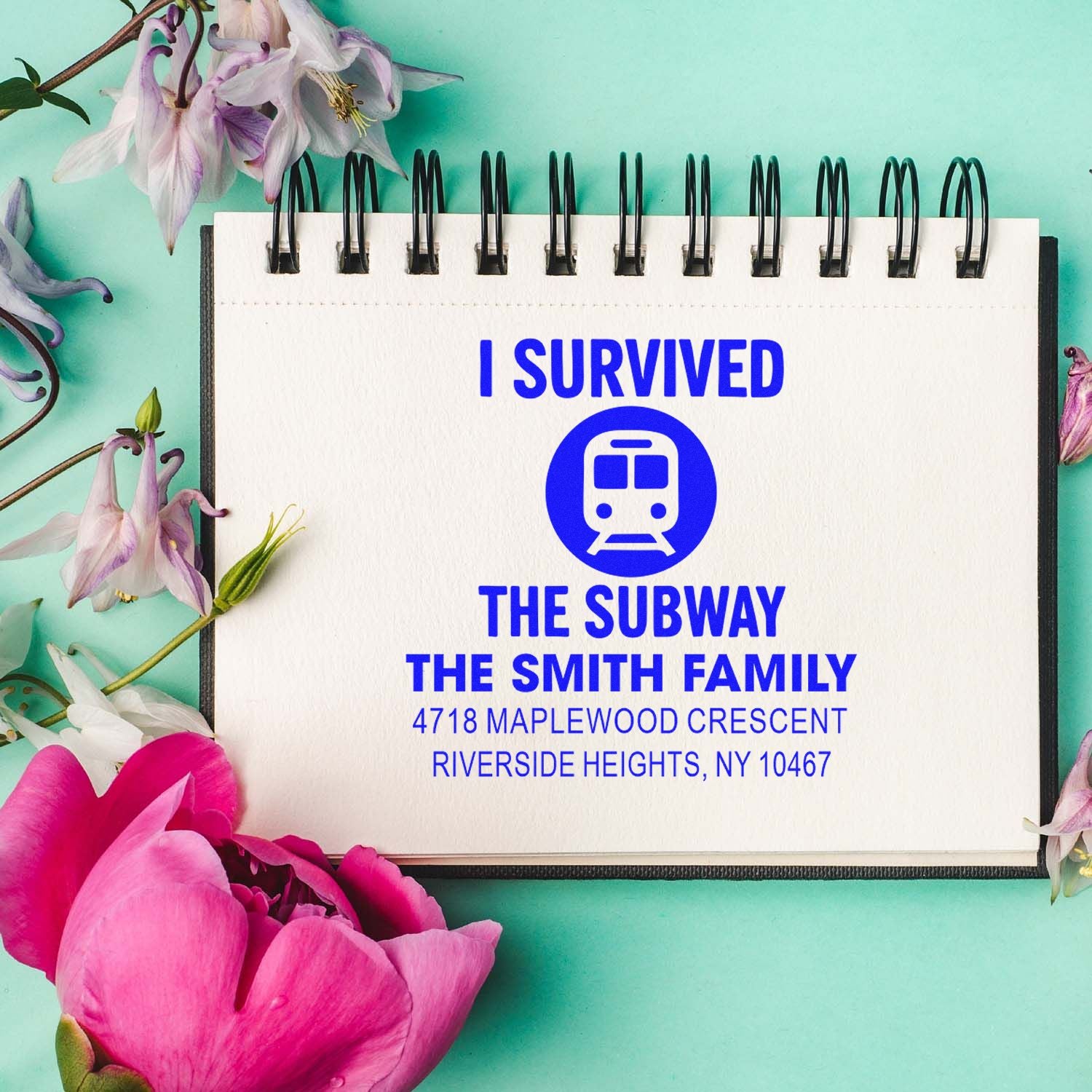 Custom rubber address stamp with subway icon and I Survived the Subway for The Smith Family, Riverside Heights, NY.