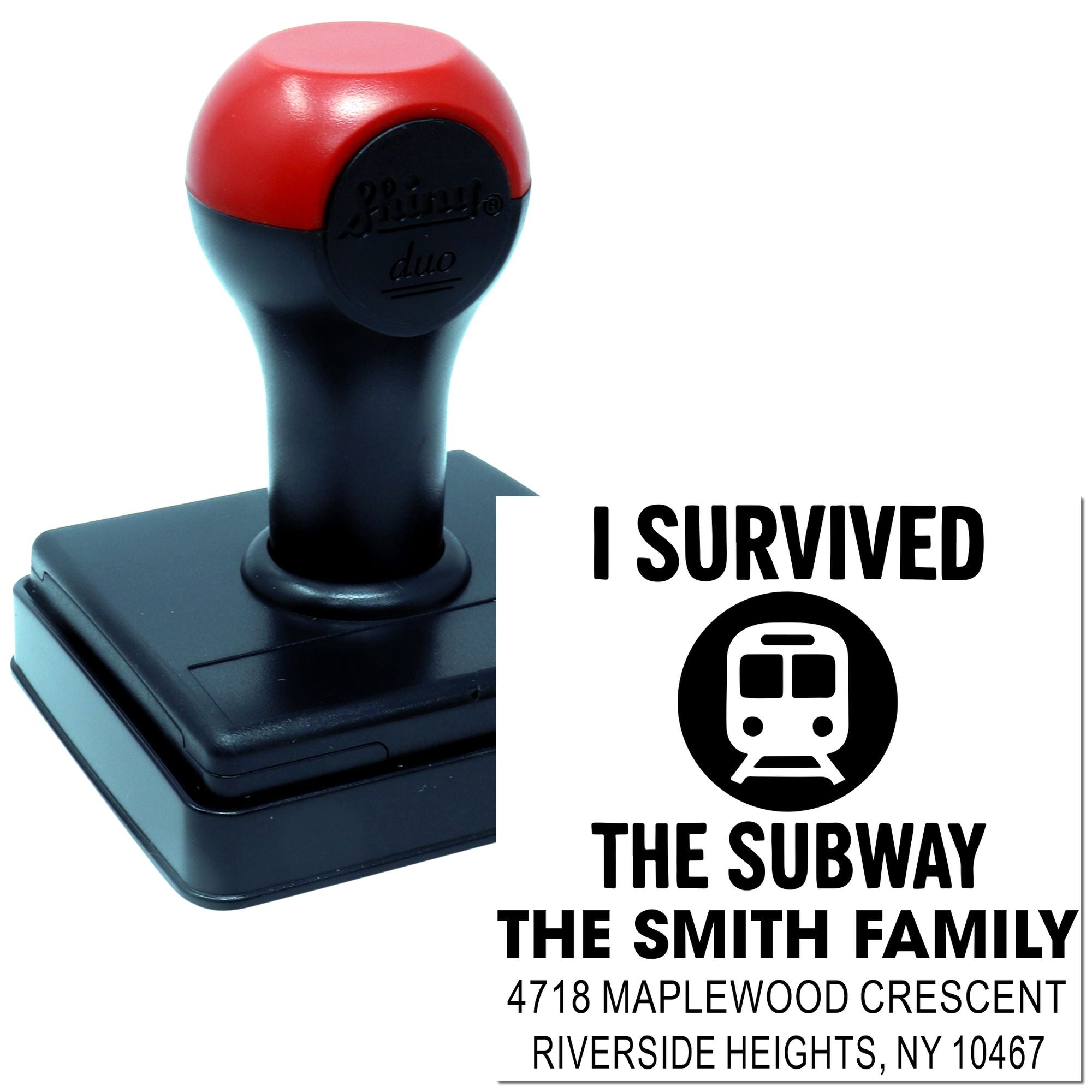 Custom self-inking rubber stamp with I Survived the Subway train design and family address return imprint.