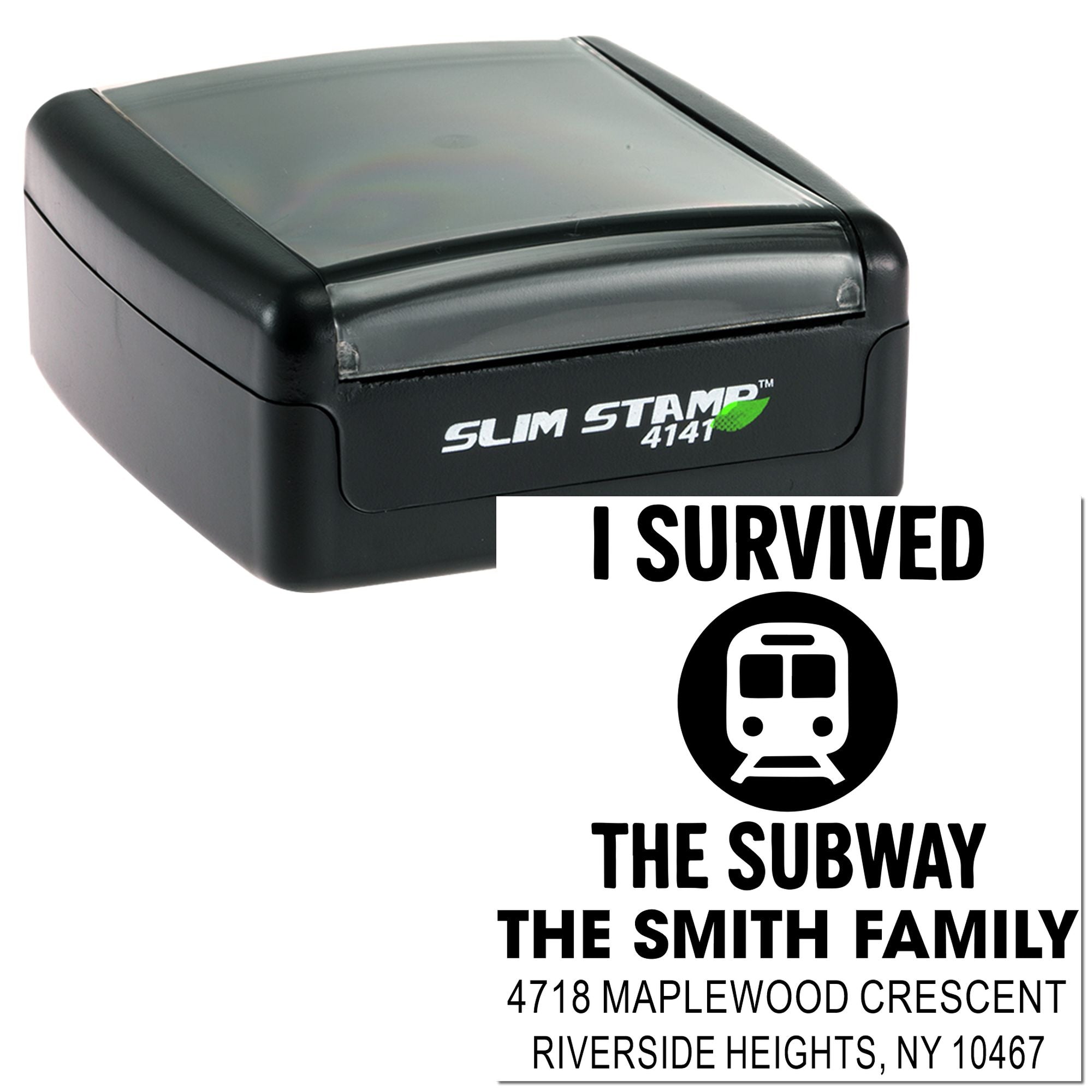 Slim self-inking rubber stamp with custom I Survived the Subway family return address design.