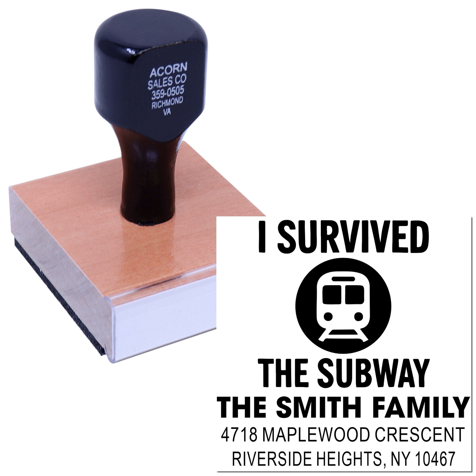 Personalized custom address rubber stamp with I Survived the Subway design and family name for novelty mailing.