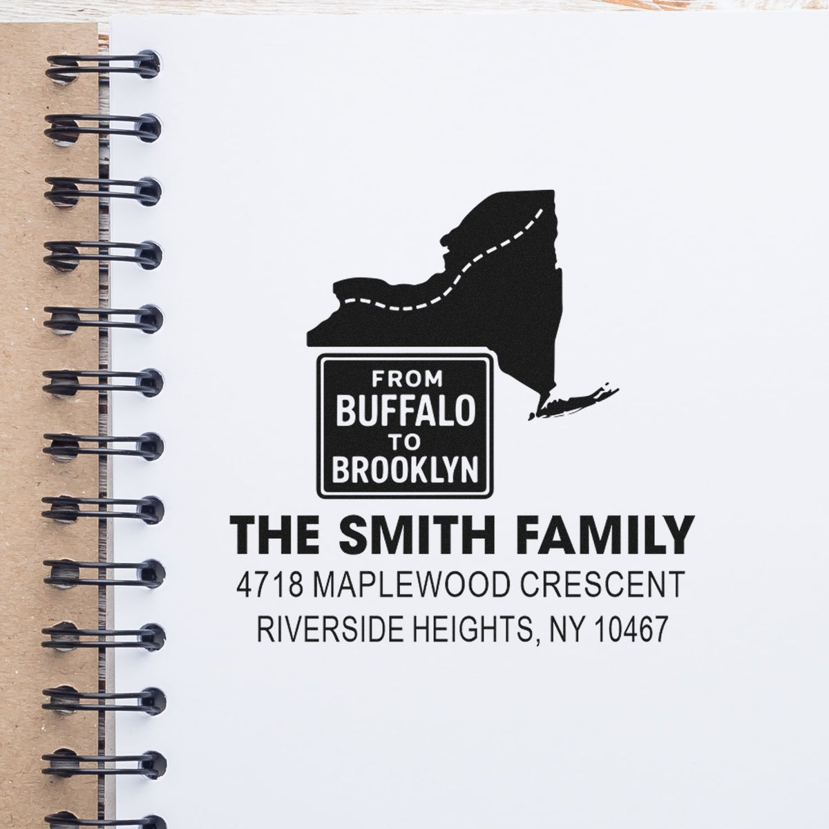 Custom rubber stamp return address design with New York map and From Buffalo to Brooklyn family mailing stamp.