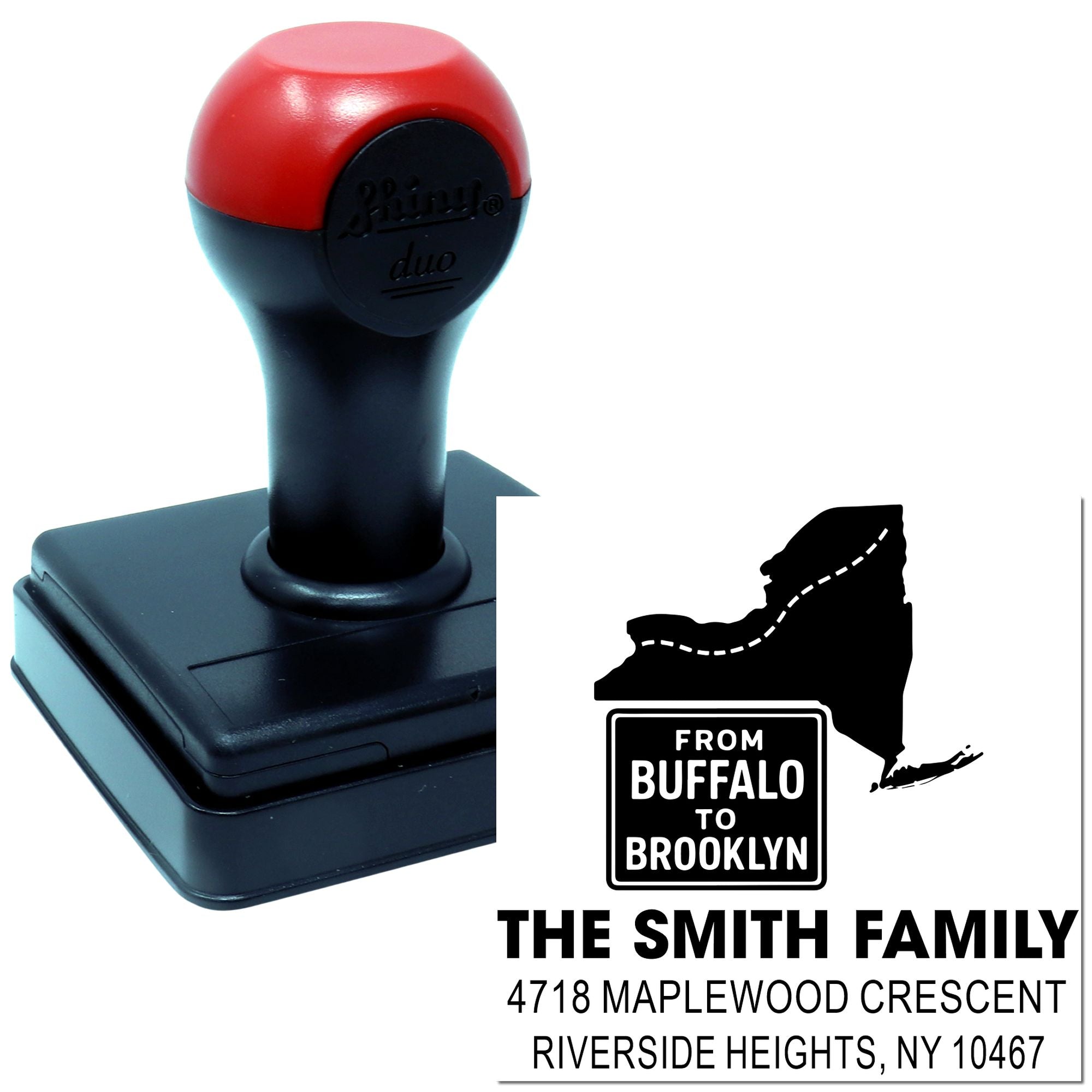 Custom self-inking rubber address stamp featuring Buffalo to Brooklyn design and Smith Family return address.