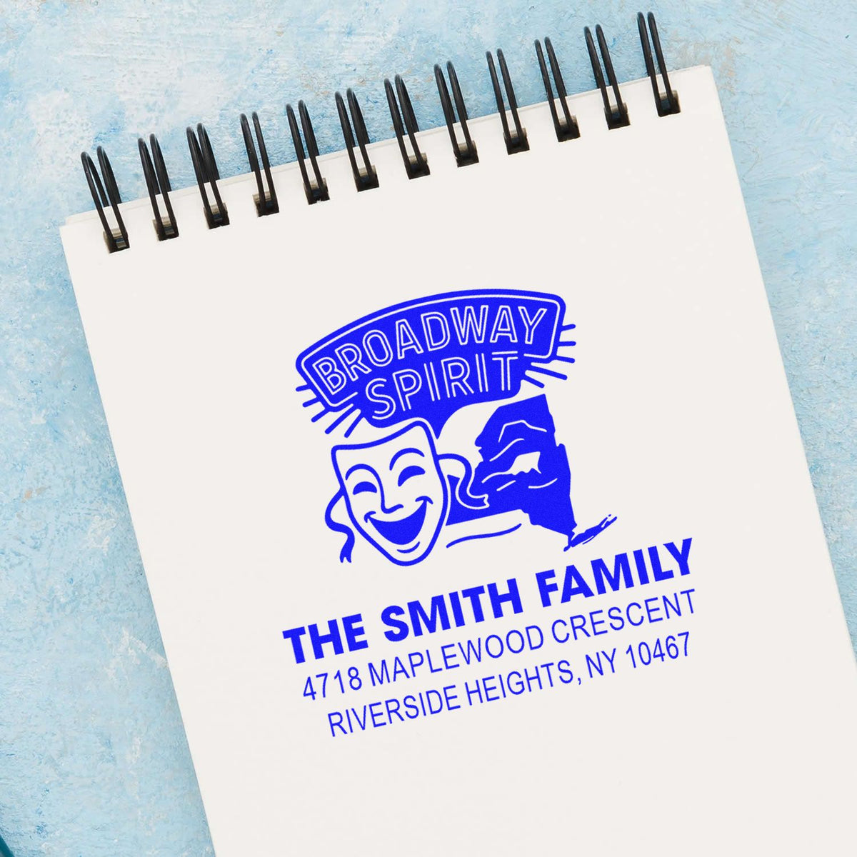 Custom Broadway Spirit family address rubber stamp with theater masks and New York return address.