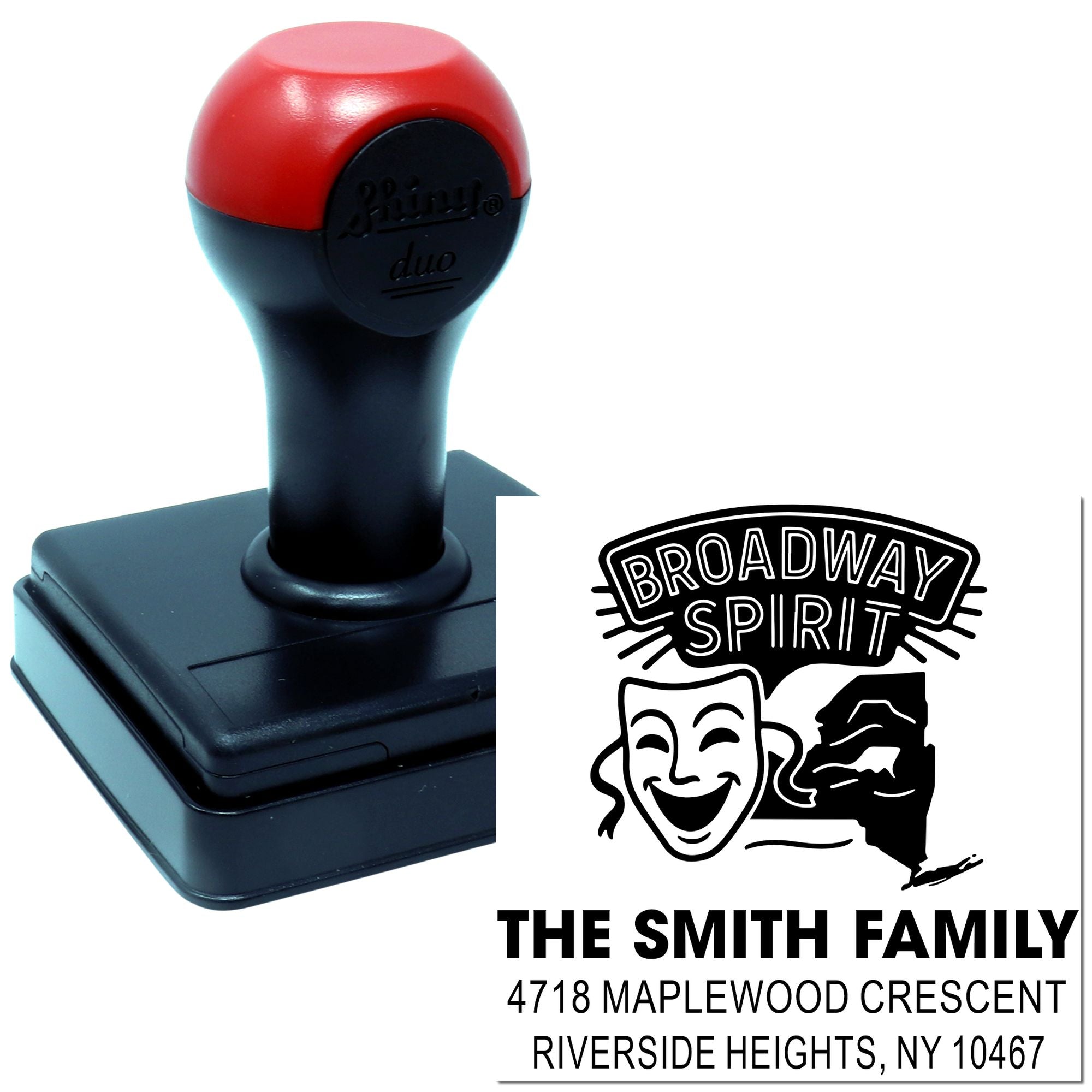 Personalized self-inking rubber stamp with Broadway Spirit design and The Smith Family address for return mailing.