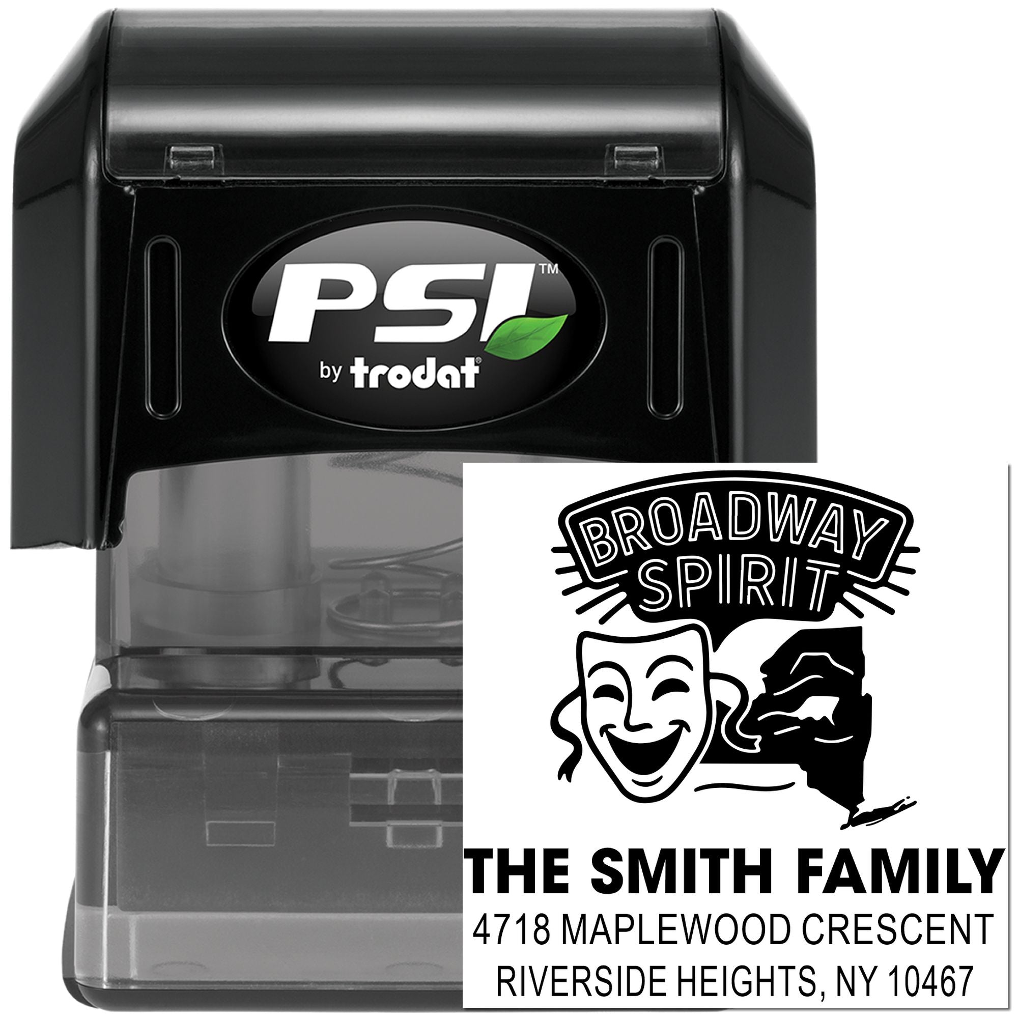 PSI by Trodat self-inking address stamp with custom Broadway Spirit return address for The Smith Family.