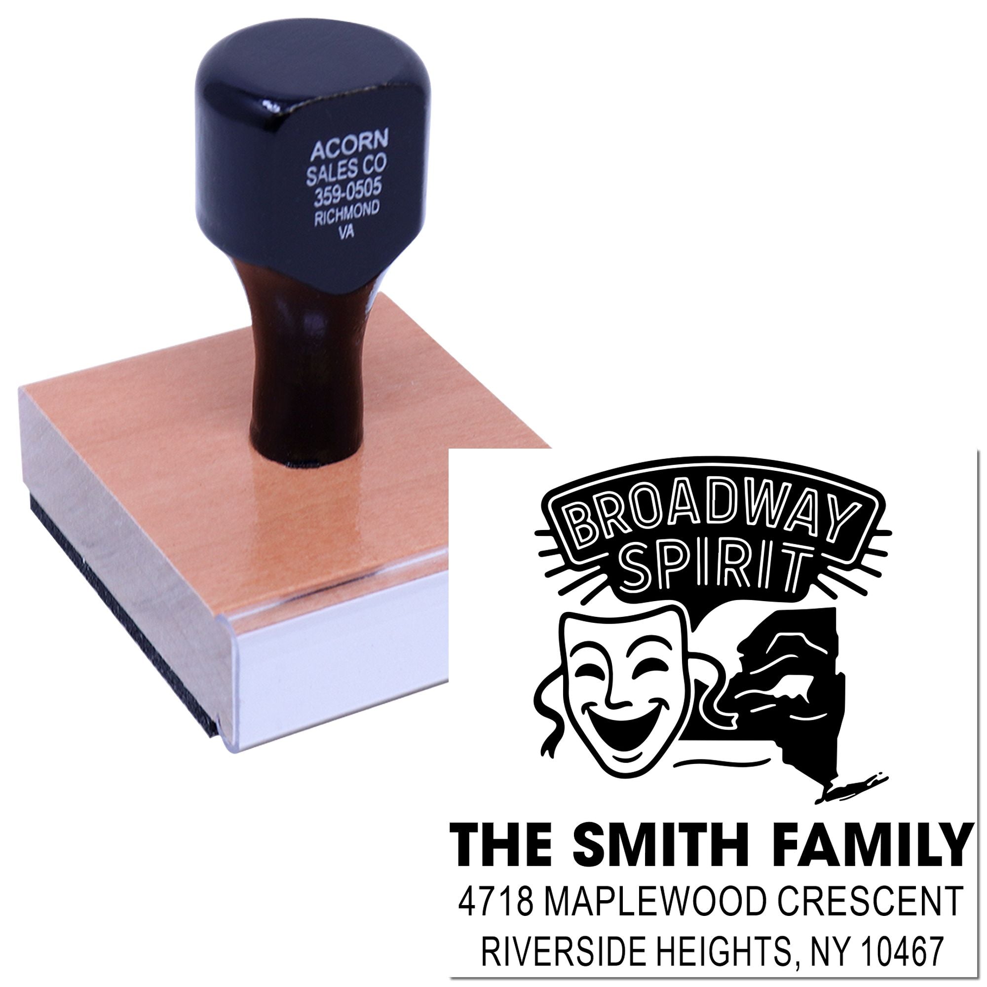 Custom rubber stamp with Broadway Spirit family address design for personalized mailing and branding.