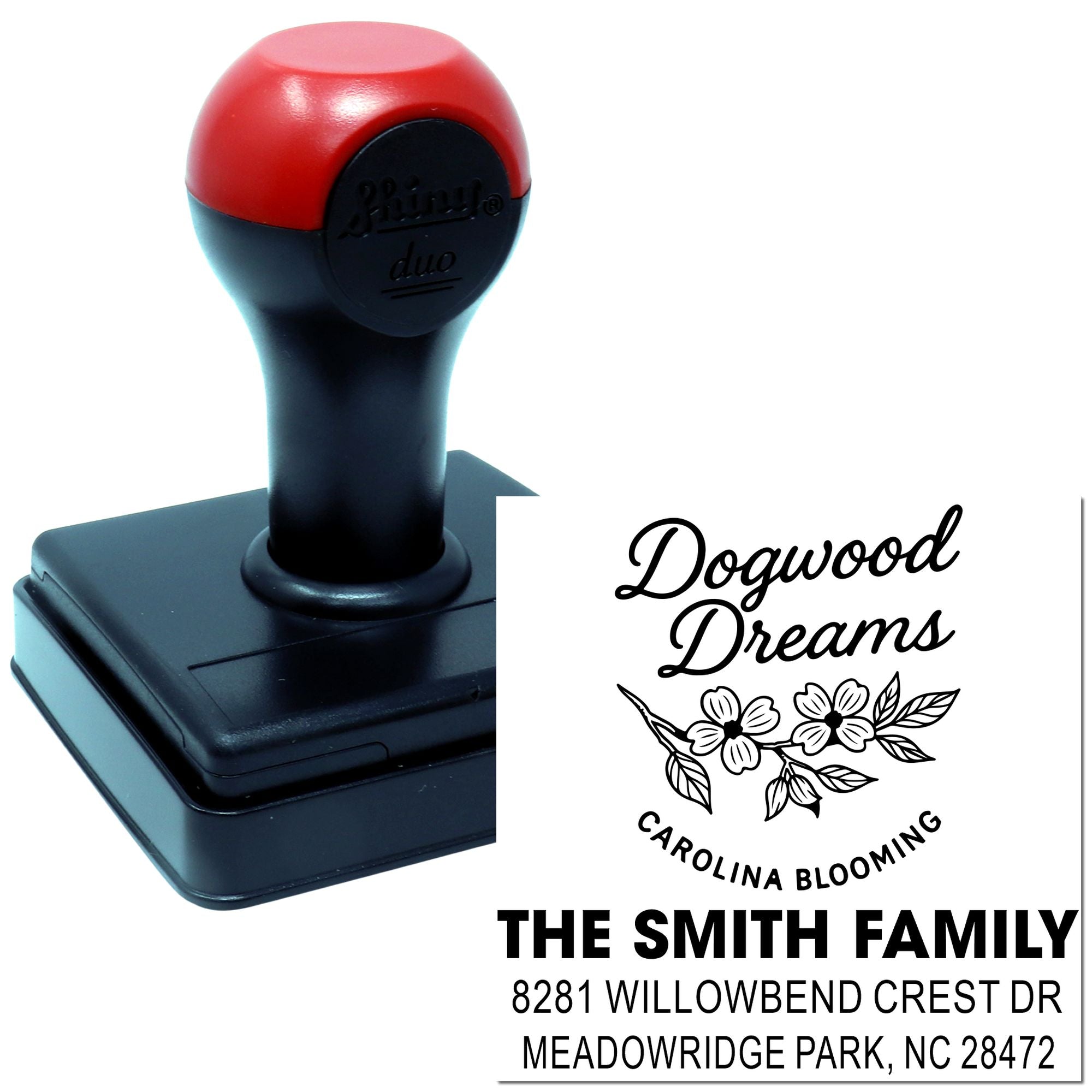 Custom self-inking rubber stamp for return addresses, featuring a Dogwood Dreams floral family name design.