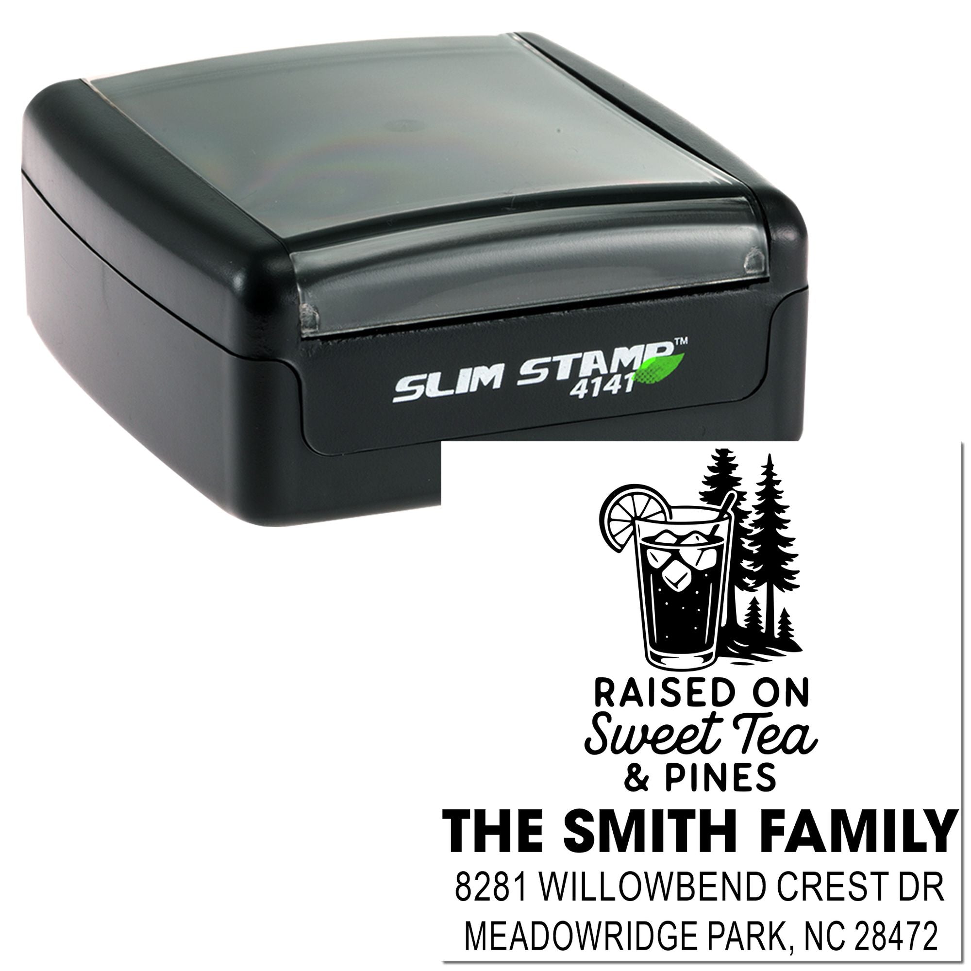 Custom self-inking rubber address stamp with Raised on Sweet Tea & Pines family name and return address design.