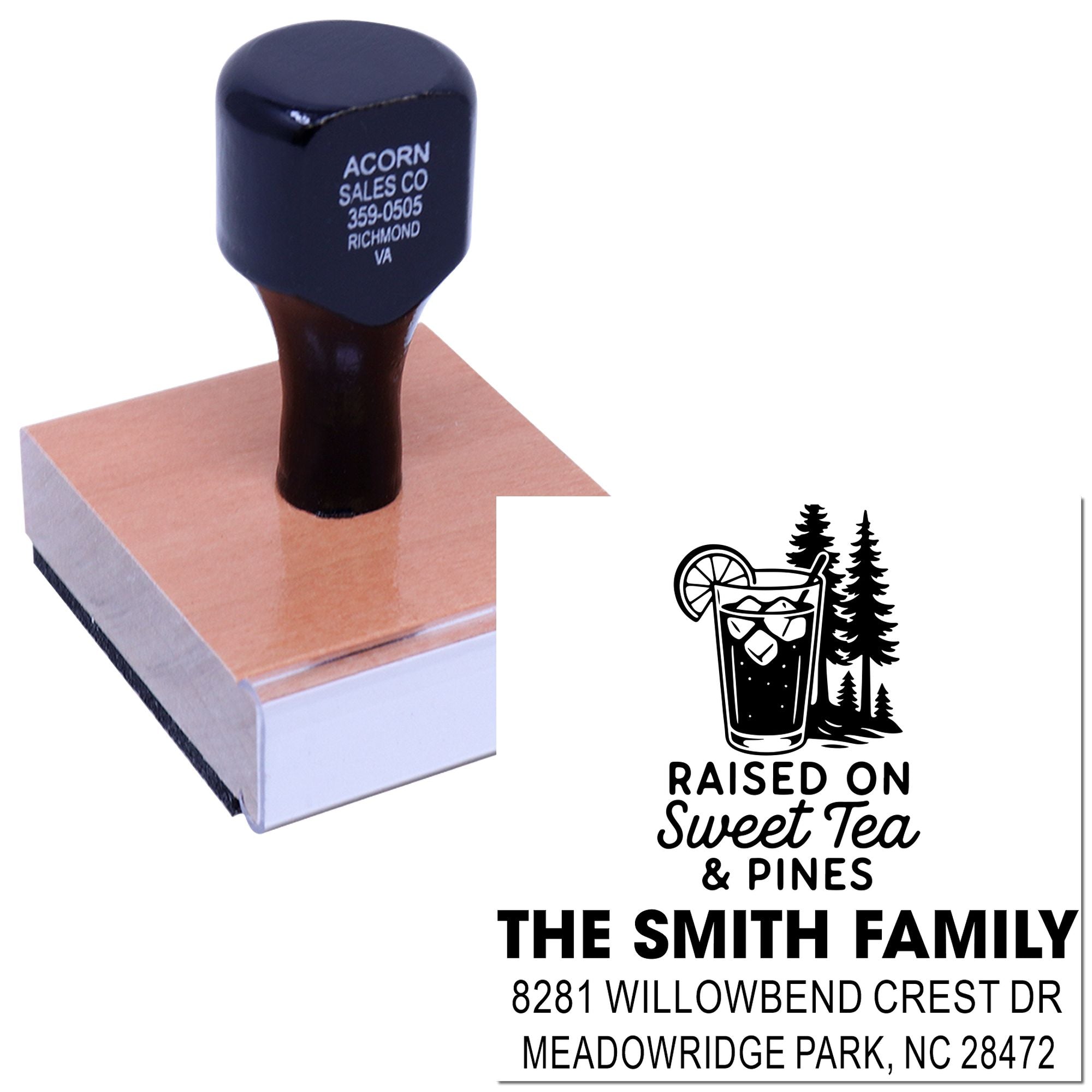 Custom rubber address stamp featuring a "Raised on Sweet Tea & Pines" family return address design.