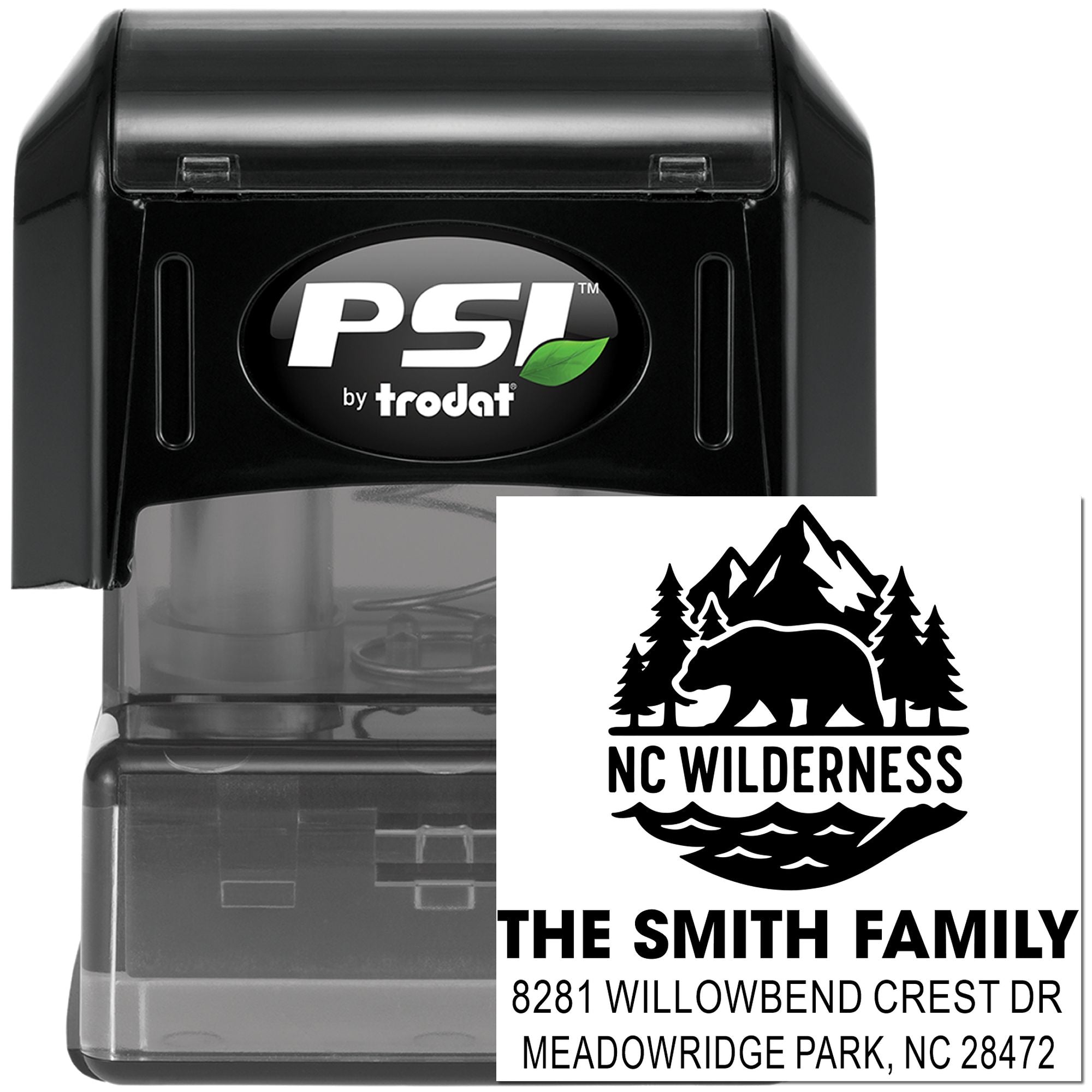 Custom self-inking return address stamp with bear mountain wilderness design for The Smith Family.